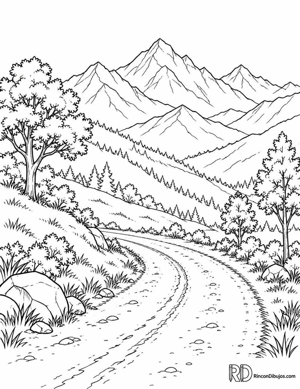 Dibujo de montañas con camino para colorear Dibujo de montañas con camino para colorear