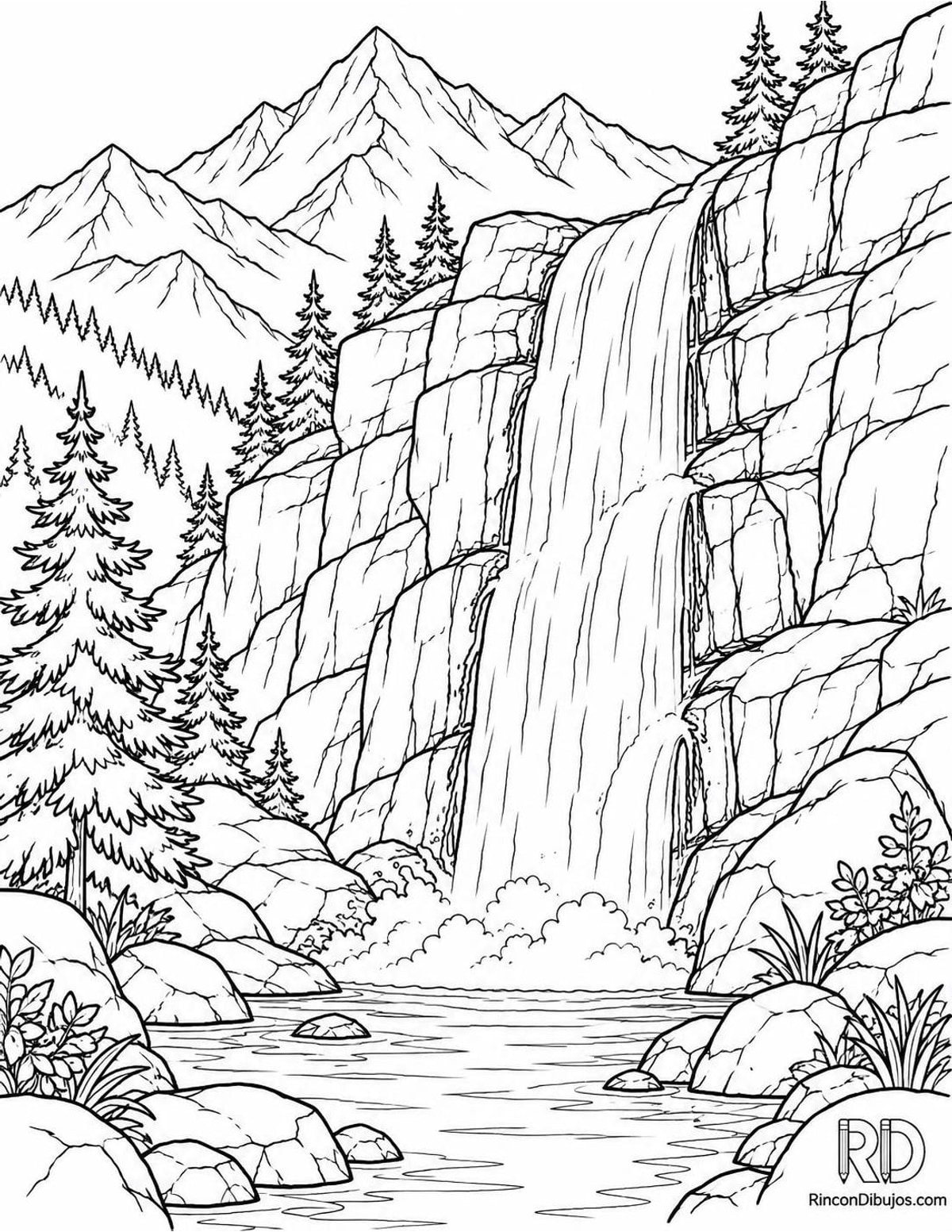 Dibujo de montañas con cascada para colorear Dibujo de montañas con cascada para colorear