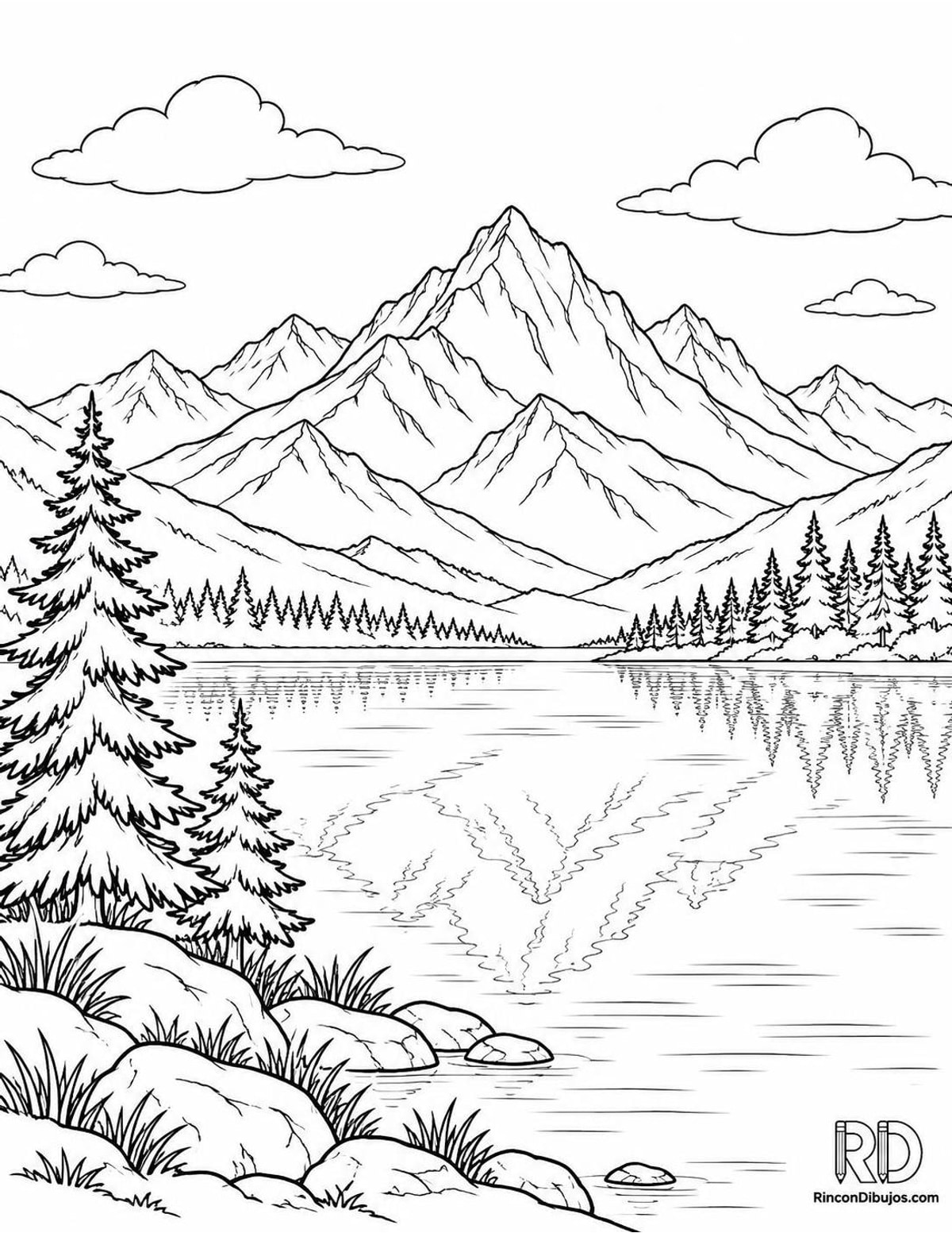 Dibujo de montañas con lago para colorear Dibujo de montañas con lago para colorear