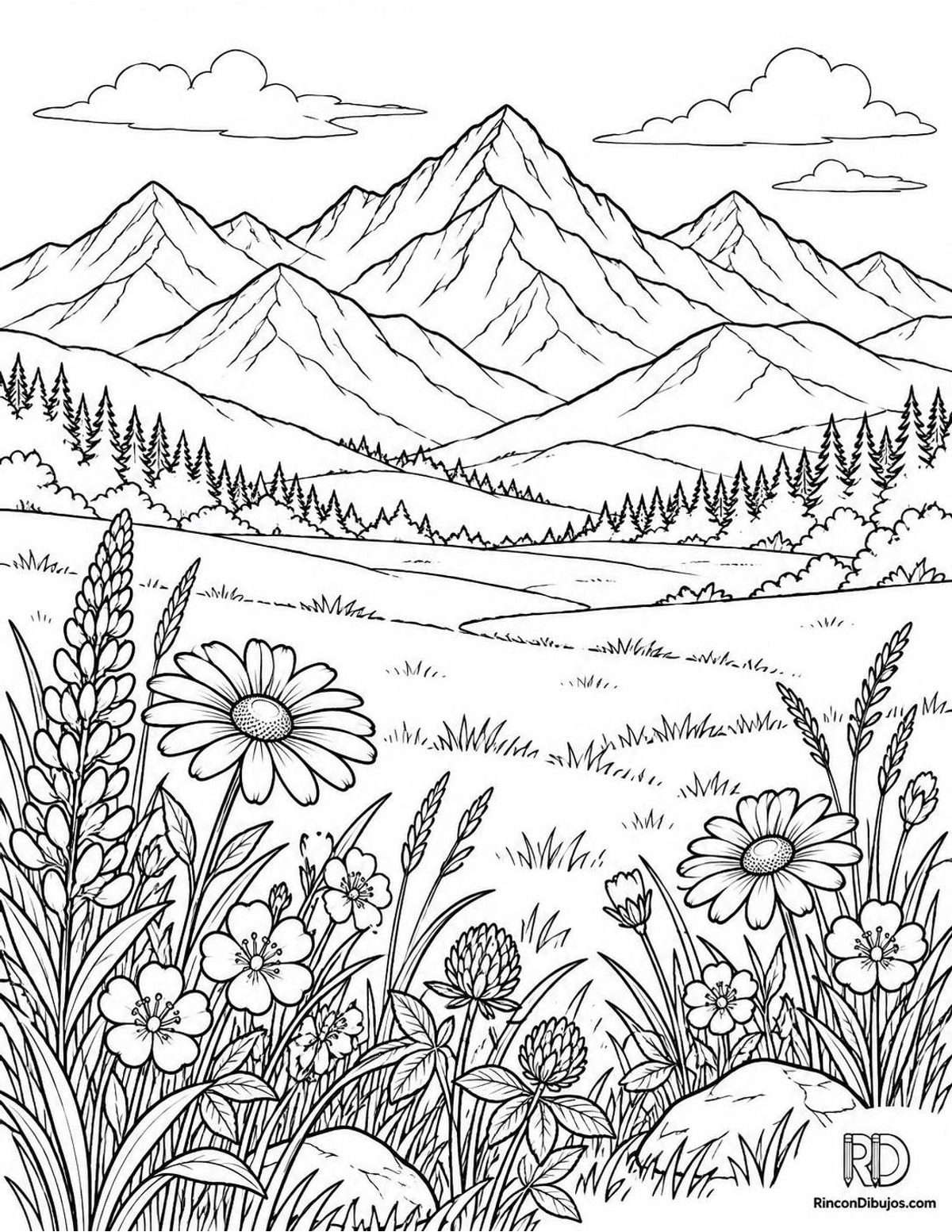 Dibujo de montañas con pradera para colorear Dibujo de montañas con pradera para colorear