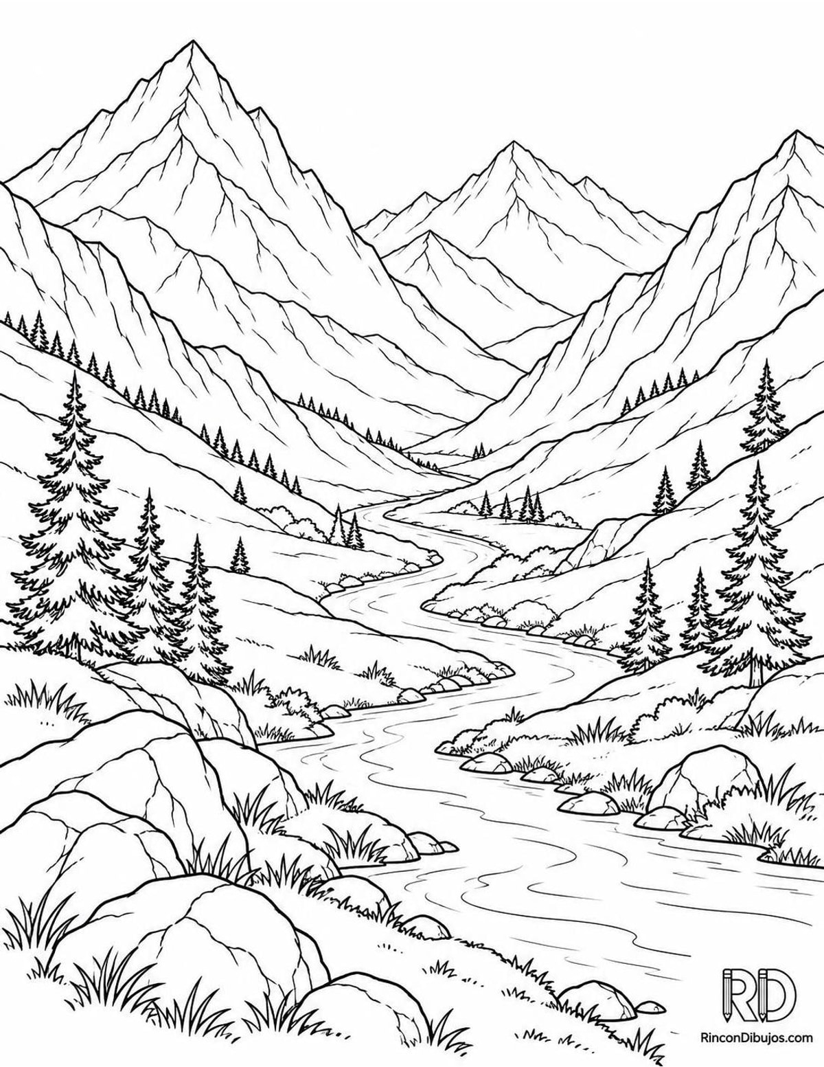 Dibujo de montañas con río para colorear Dibujo de montañas con río para colorear