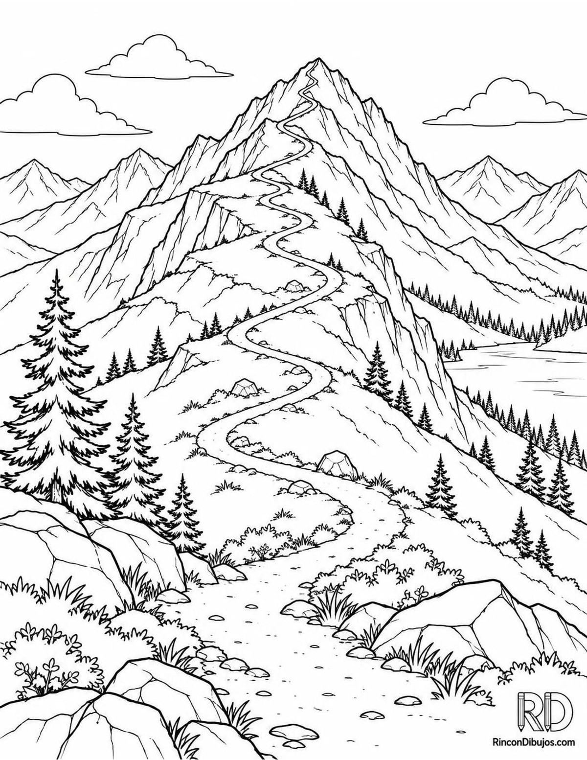 Dibujo de montañas con sendero para colorear Dibujo de montañas con sendero para colorear