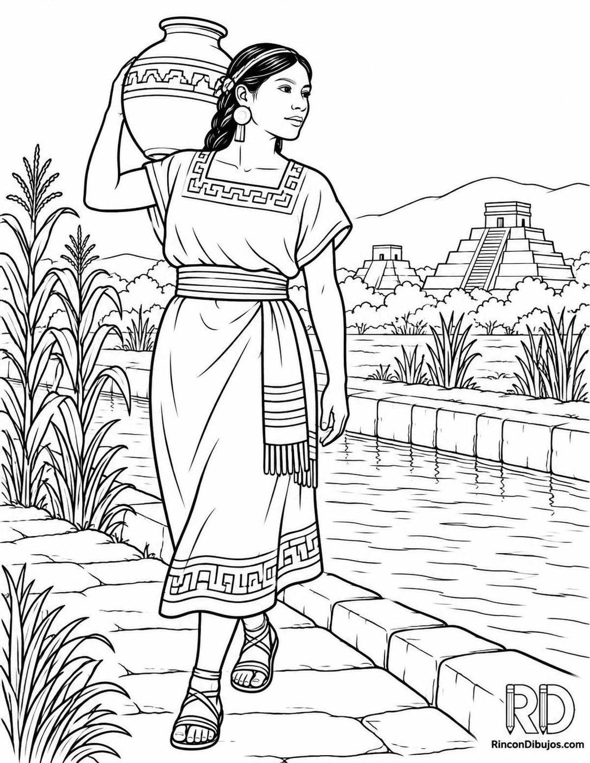 Dibujo de mujer azteca con cántaro para colorear Dibujo de mujer azteca con cántaro para colorear
