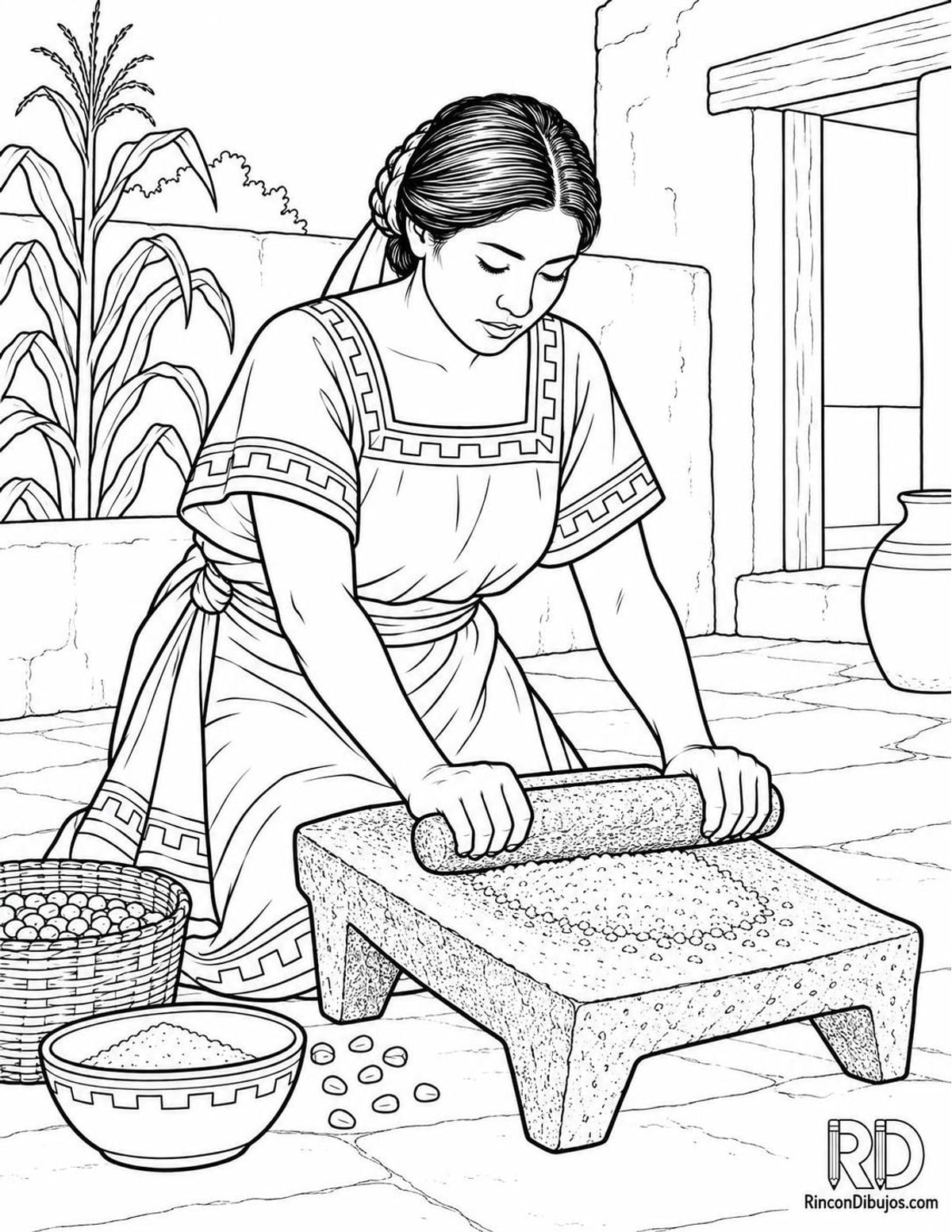 Dibujo de mujer azteca moliendo para colorear Dibujo de mujer azteca moliendo para colorear