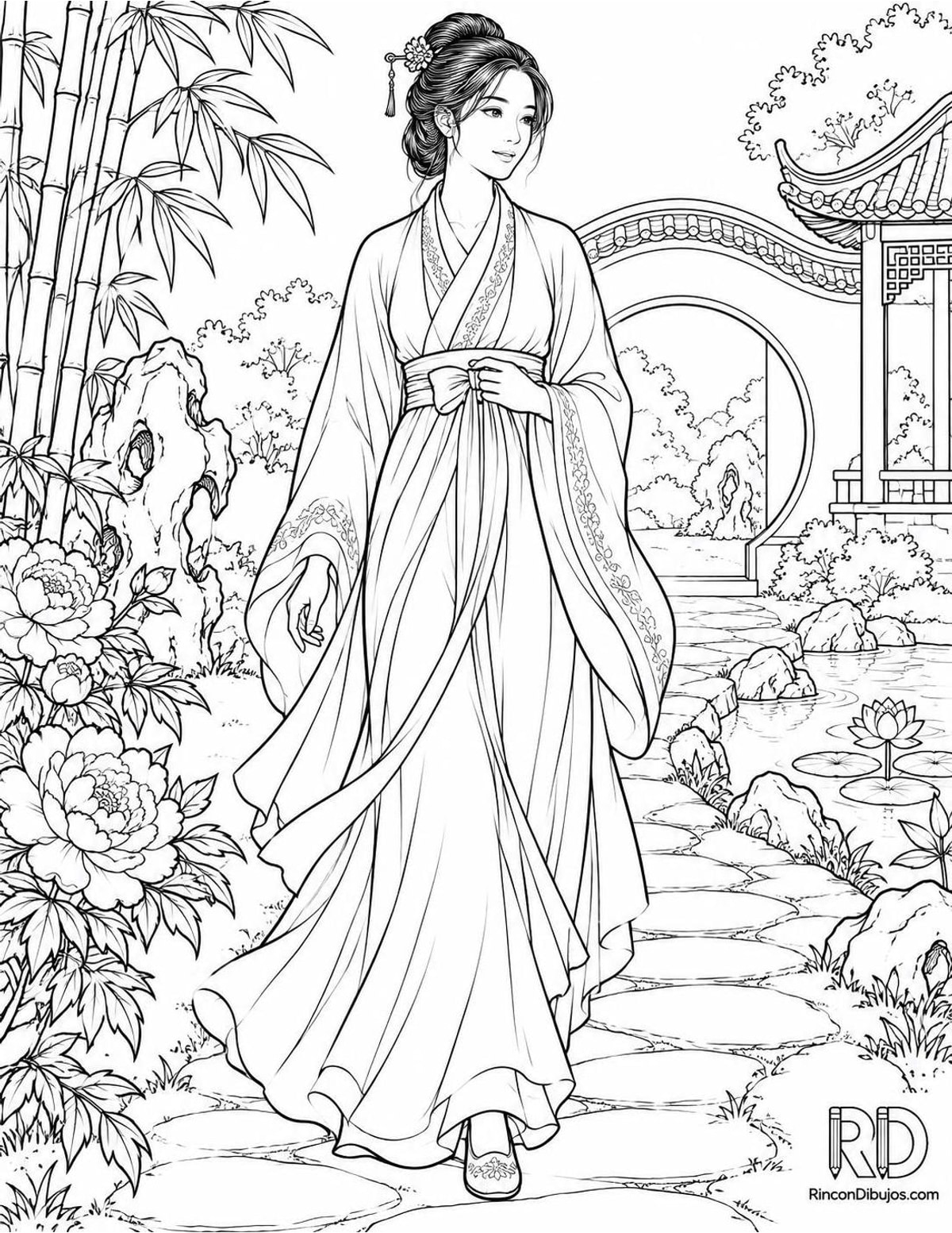 Dibujo de mujer con hanfu para colorear Dibujo de mujer con hanfu para colorear