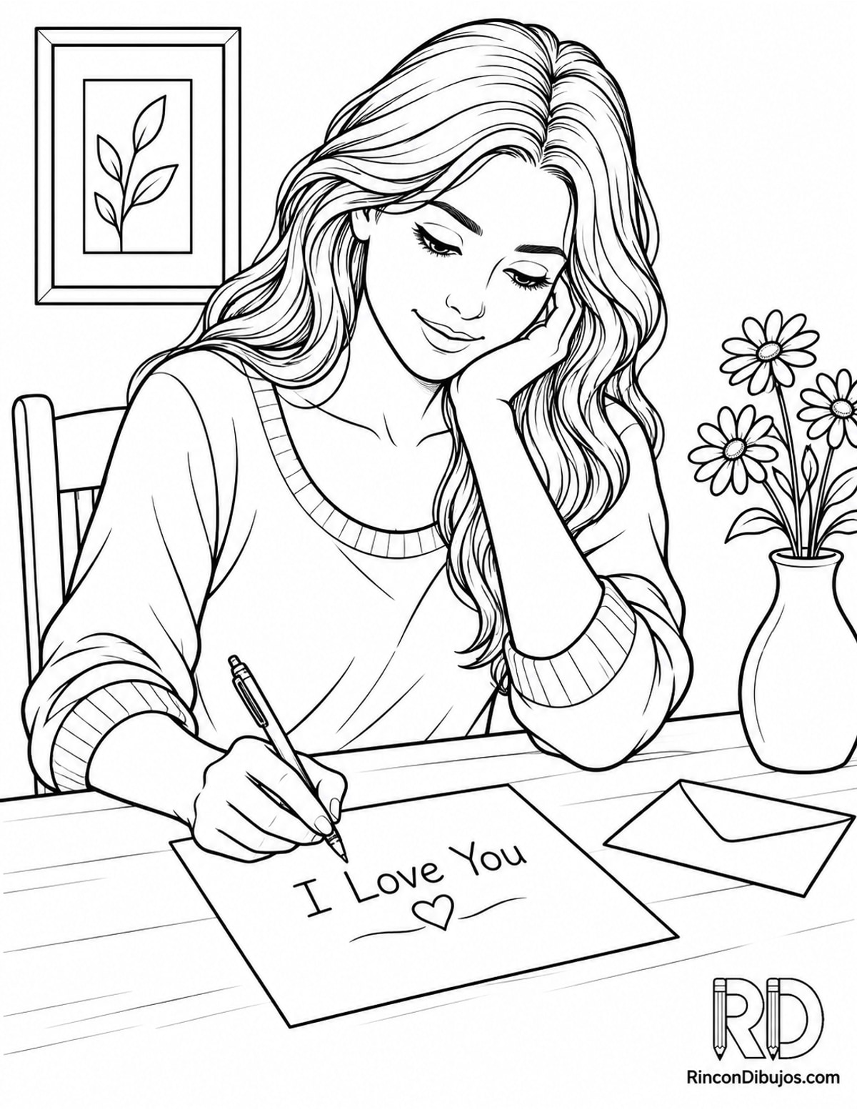 Dibujo de mujer escribiendo una I Love para colorear Dibujo de mujer escribiendo una I Love para colorear