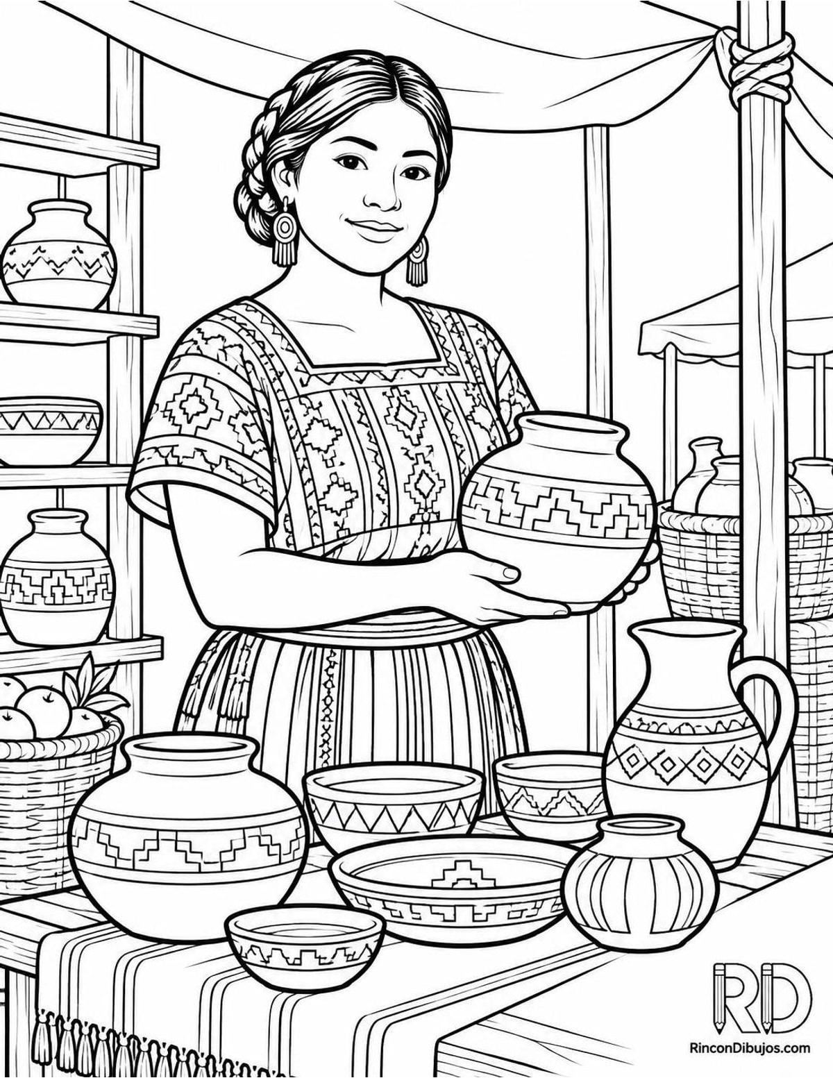 Dibujo de mujer maya vendiendo cerámica para colorear Dibujo de mujer maya vendiendo cerámica para colorear