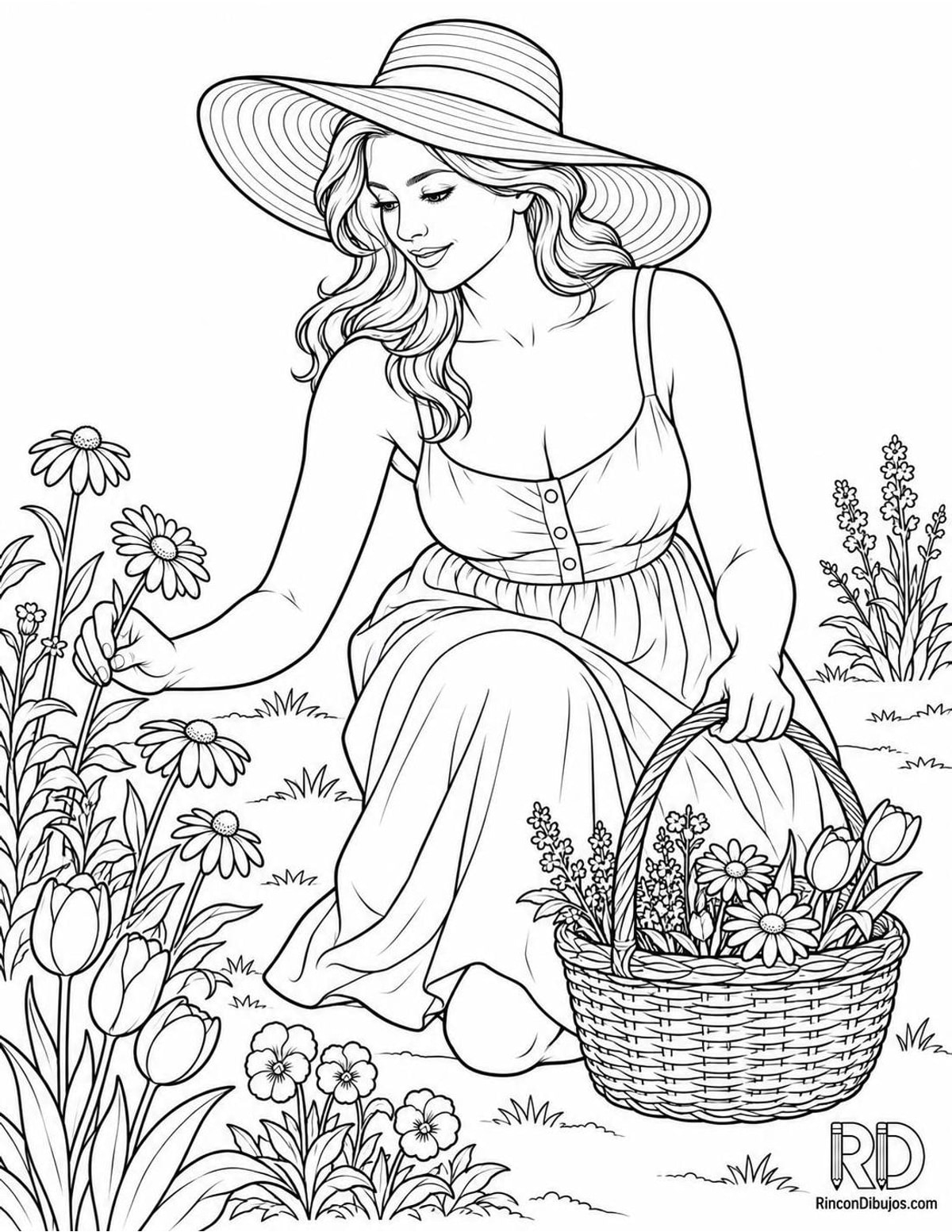 Dibujo de mujer recogiendo flores para colorear Dibujo de mujer recogiendo flores para colorear