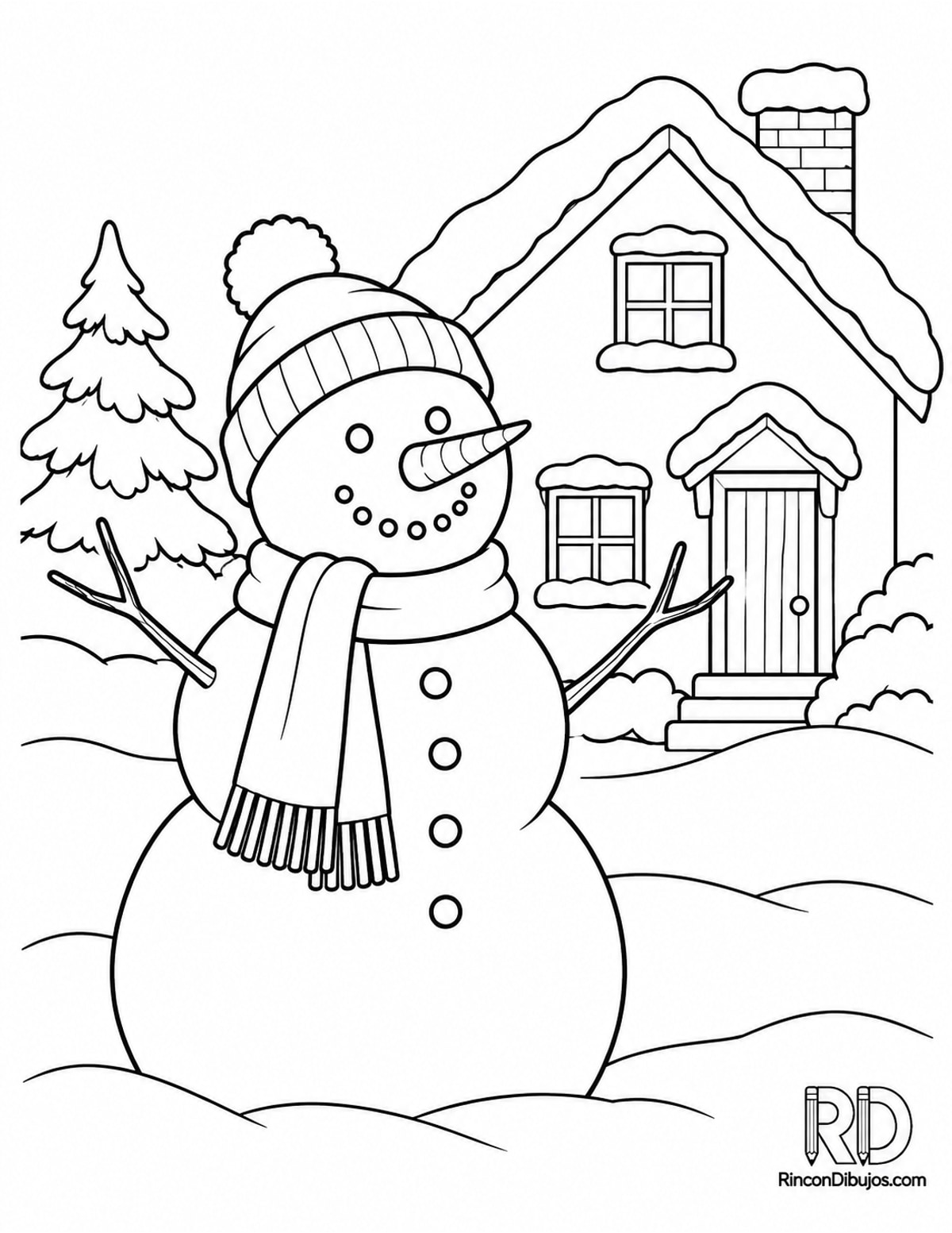 Dibujo de Muñeco de Nieve casa para colorear