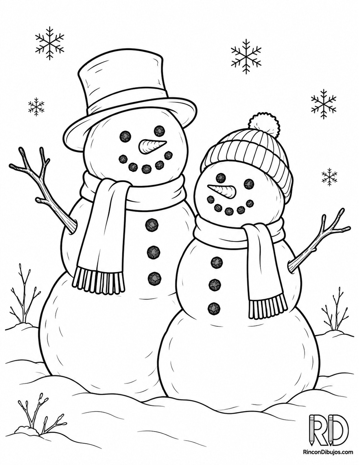Dibujo de muñecos de nieve con botones para colorear Dibujo de muñecos de nieve con botones para colorear