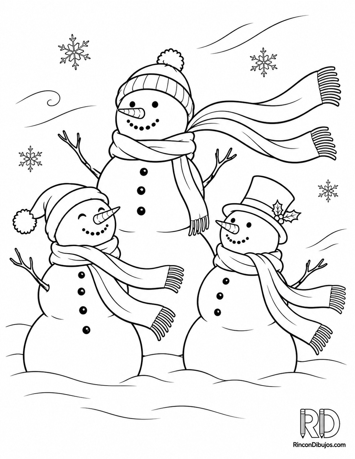 Dibujo de muñecos de nieve con bufandas para colorear Dibujo de muñecos de nieve con bufandas para colorear