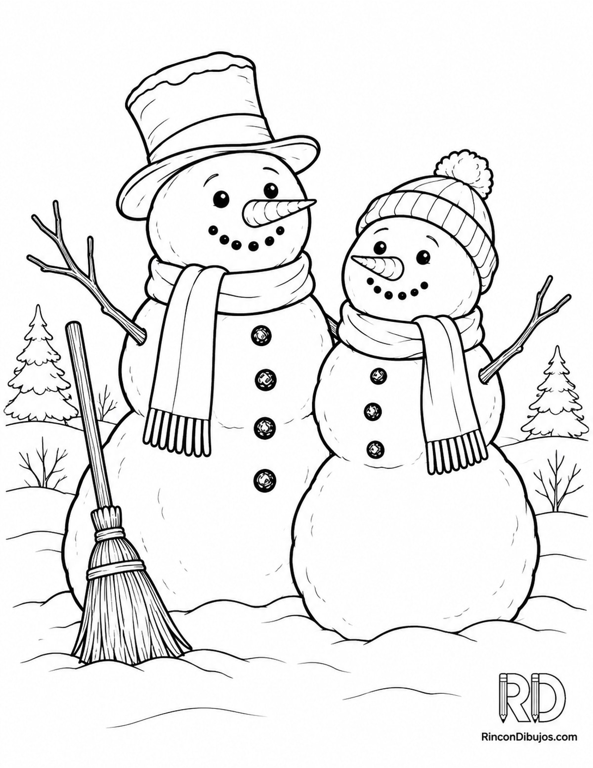 Dibujo de muñecos de nieve con escoba para colorear Dibujo de muñecos de nieve con escoba para colorear