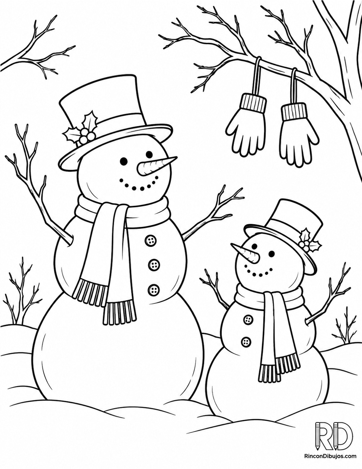 Dibujo de muñecos de nieve con gorro para colorear Dibujo de muñecos de nieve con gorro para colorear