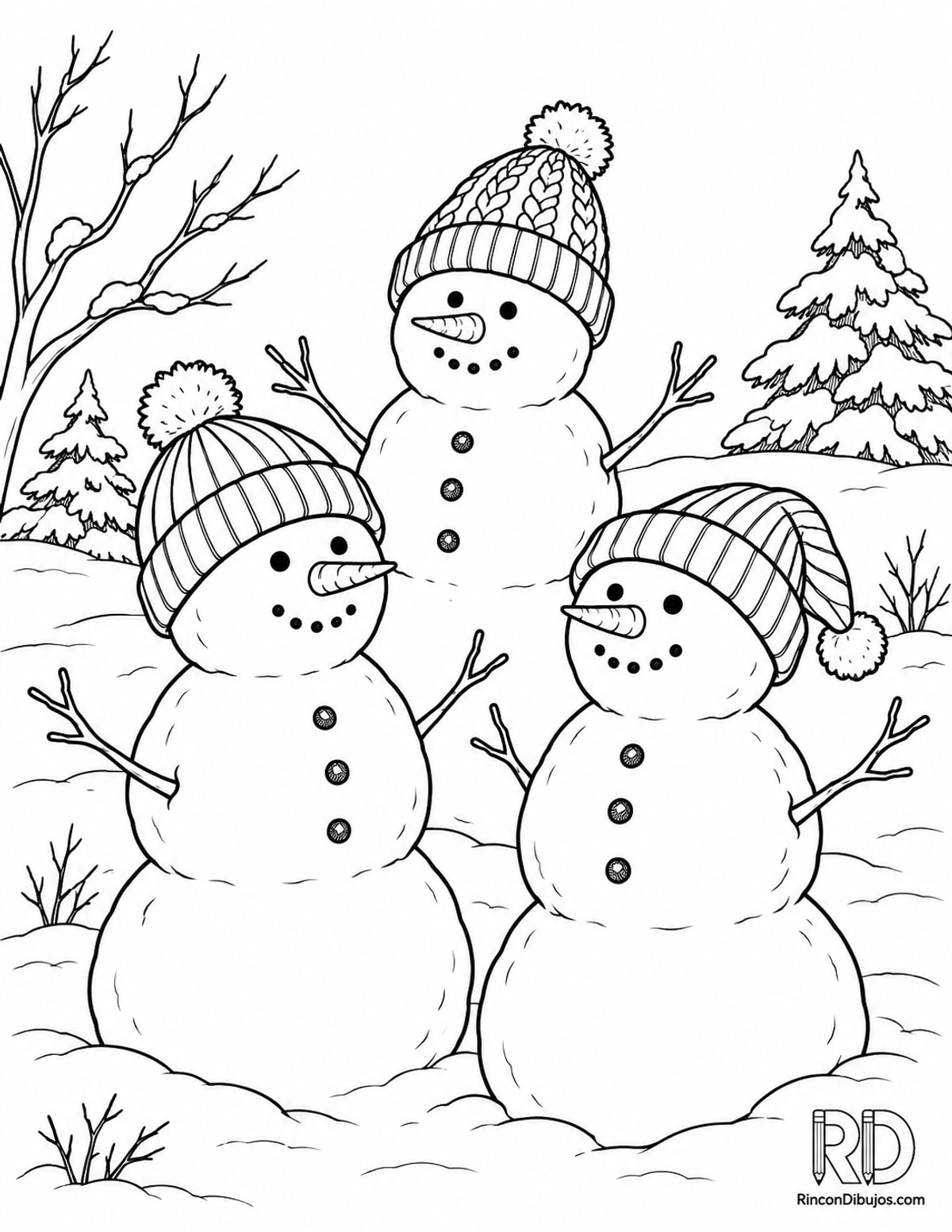 Dibujo de muñecos de nieve con gorros para colorear Dibujo de muñecos de nieve con gorros para colorear