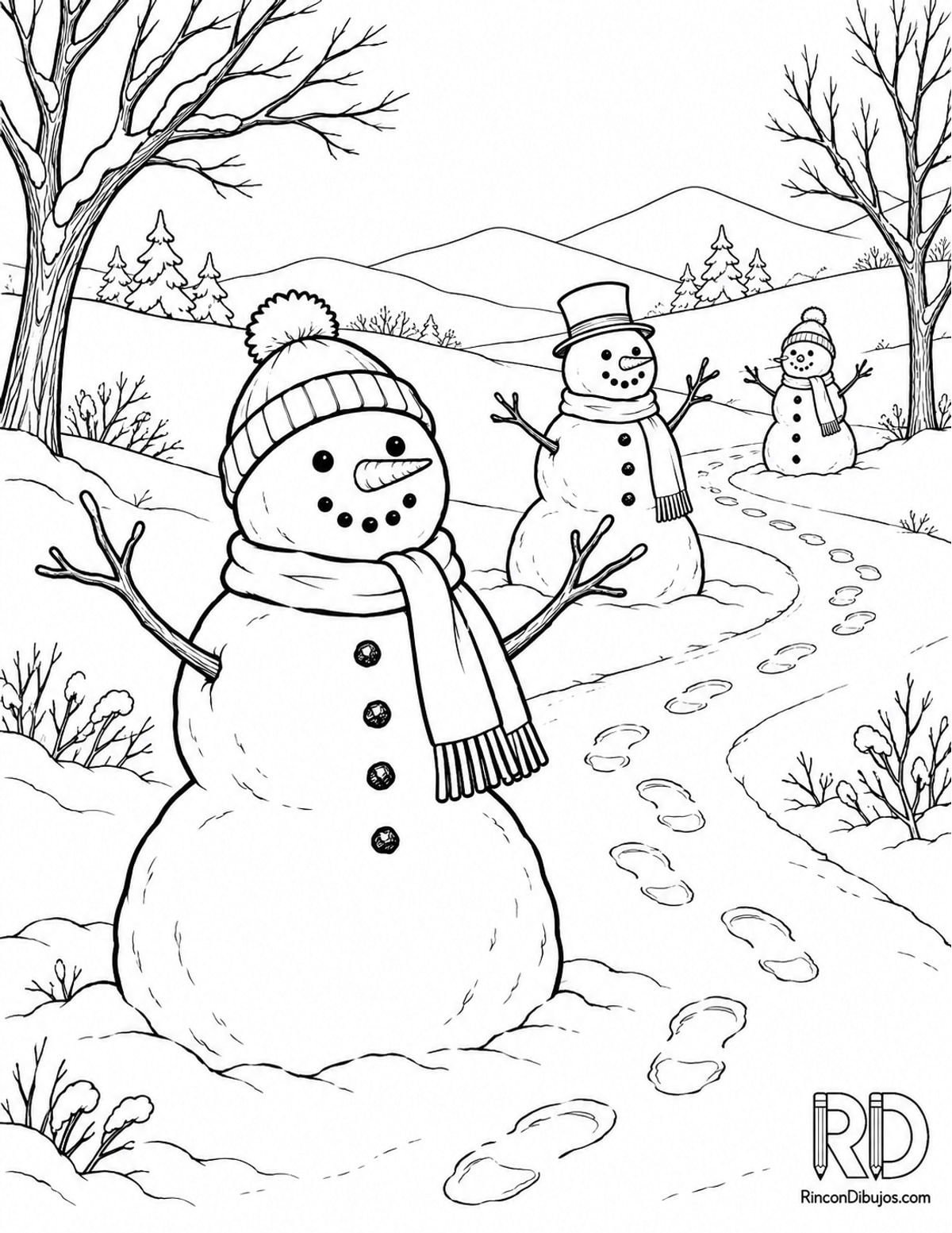 Dibujo de muñecos de nieve con huellas para colorear Dibujo de muñecos de nieve con huellas para colorear