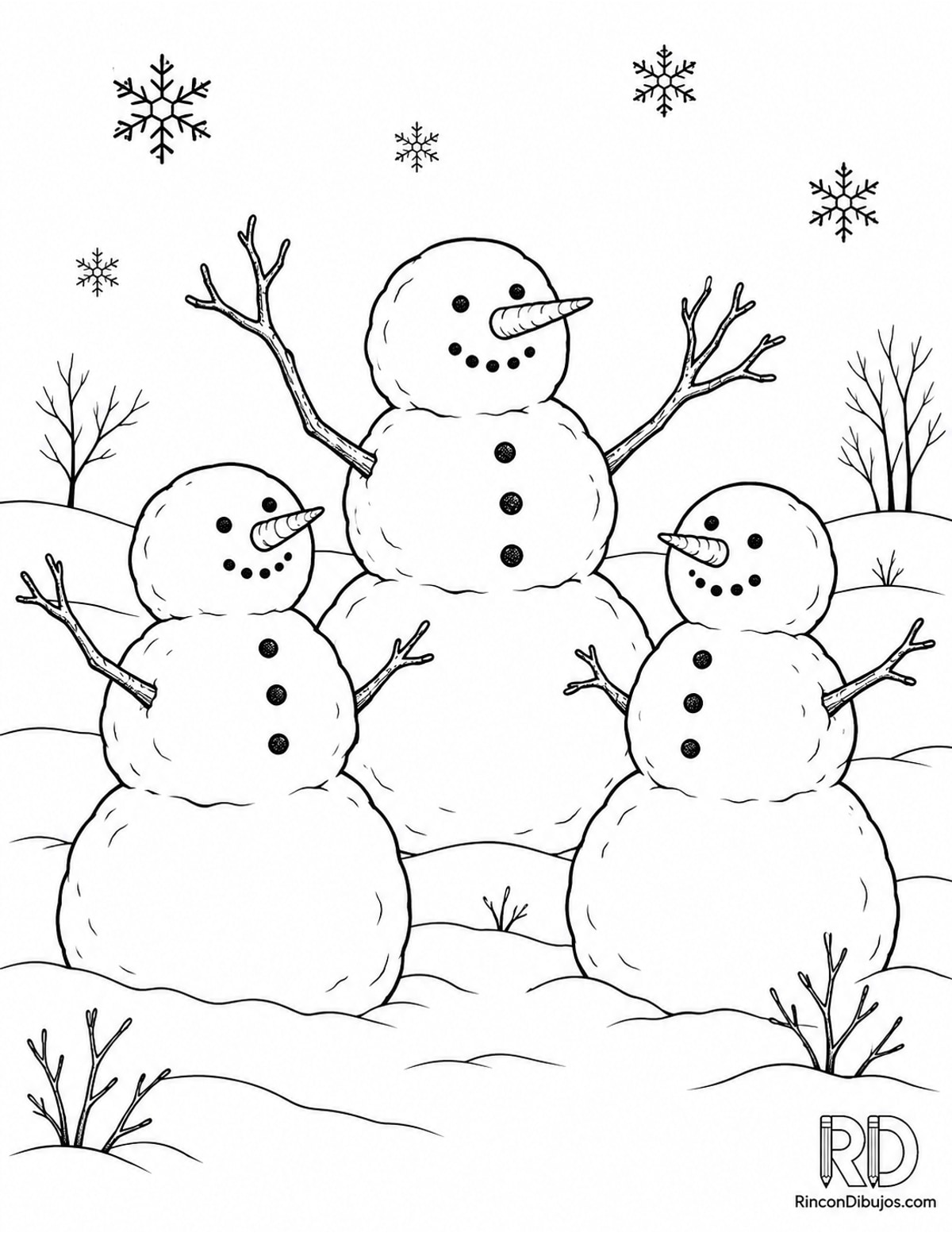 Dibujo de muñecos de nieve con ramas para colorear Dibujo de muñecos de nieve con ramas para colorear