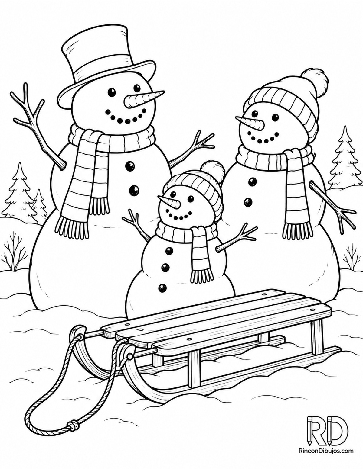 Dibujo de muñecos de nieve con trineo para colorear Dibujo de muñecos de nieve con trineo para colorear
