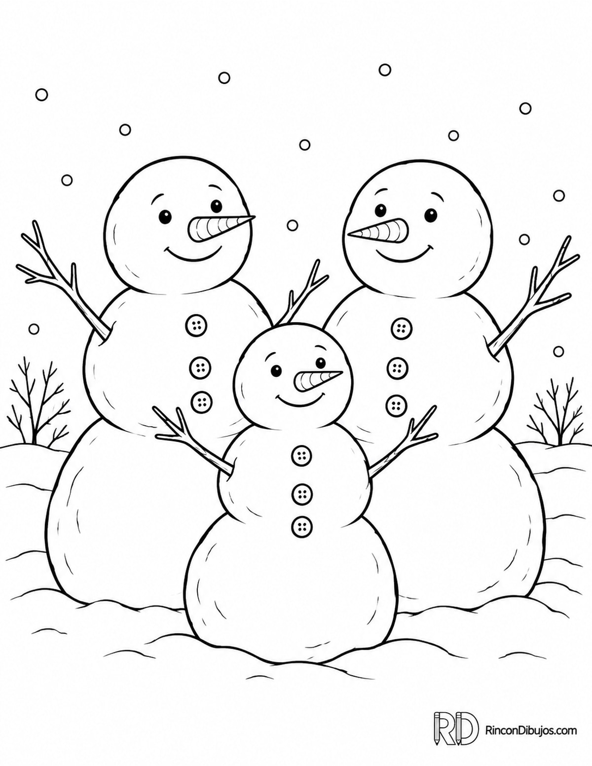Dibujo de muñecos de nieve con zanahoria para colorear Dibujo de muñecos de nieve con zanahoria para colorear