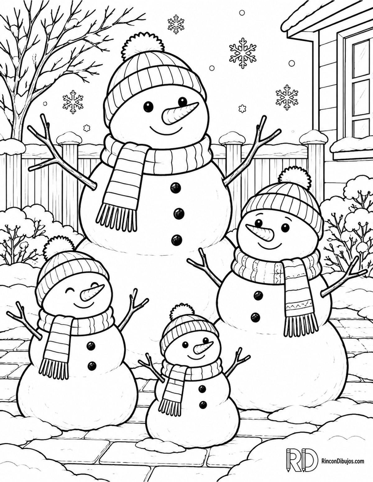 Dibujo de muñecos de nieve en invierno para colorear Dibujo de muñecos de nieve en invierno para colorear
