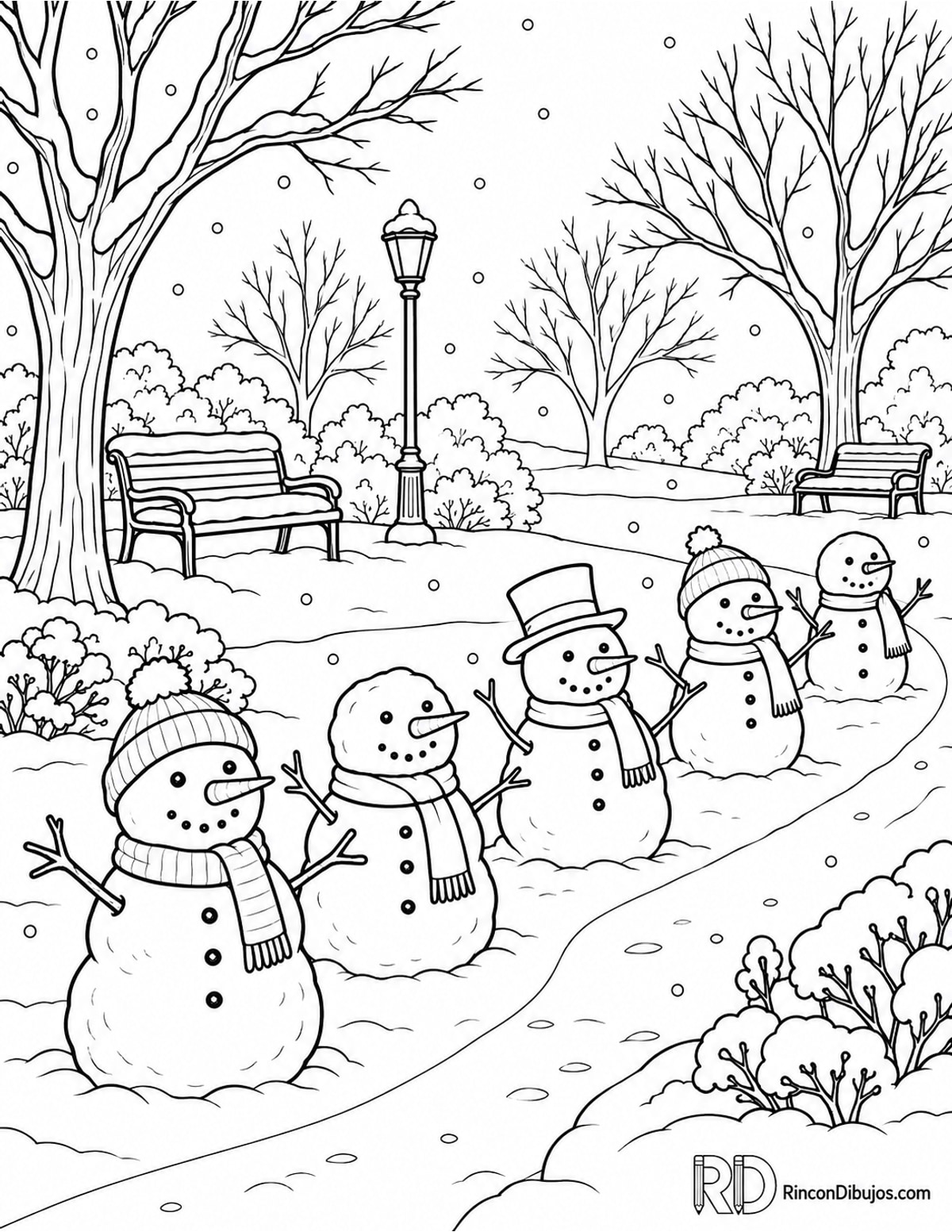 Dibujo de muñecos de nieve en parque para colorear Dibujo de muñecos de nieve en parque para colorear