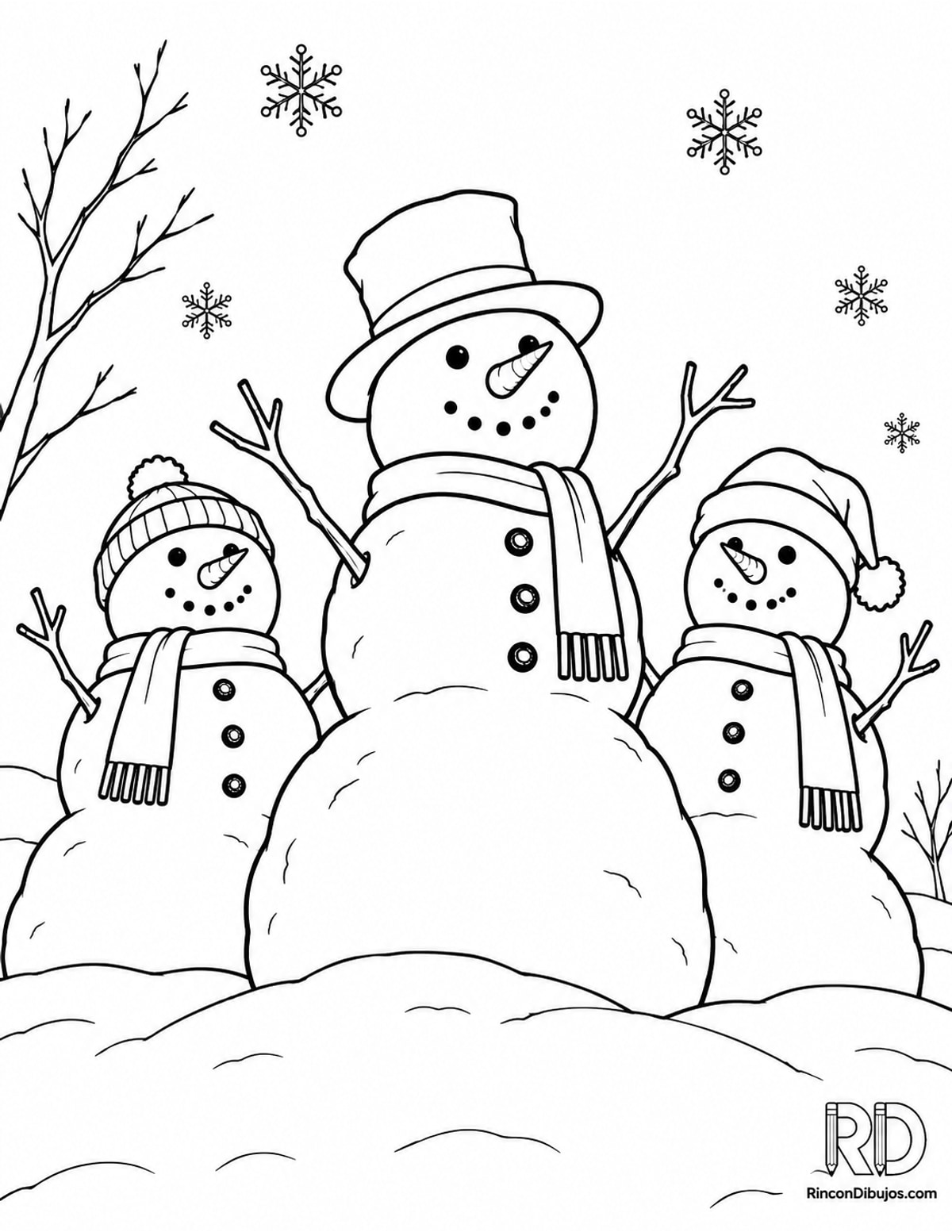Dibujo de muñecos de nieve en perspectiva para colorear Dibujo de muñecos de nieve en perspectiva para colorear