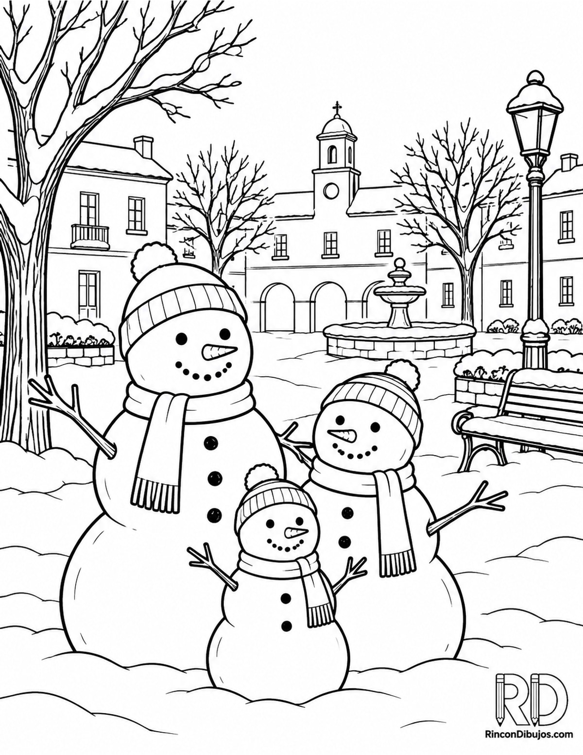 Dibujo de muñecos de nieve en plaza para colorear Dibujo de muñecos de nieve en plaza para colorear