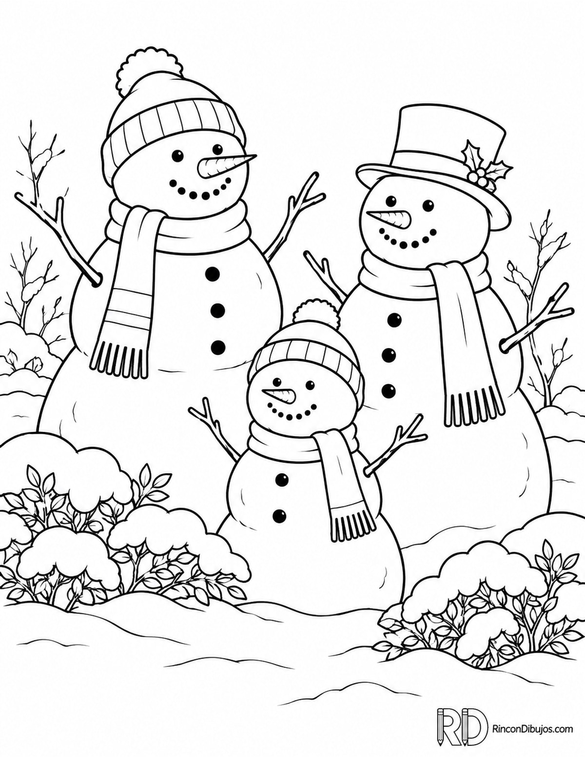 Dibujo de muñecos de nieve junto arbustos para colorear Dibujo de muñecos de nieve junto arbustos para colorear
