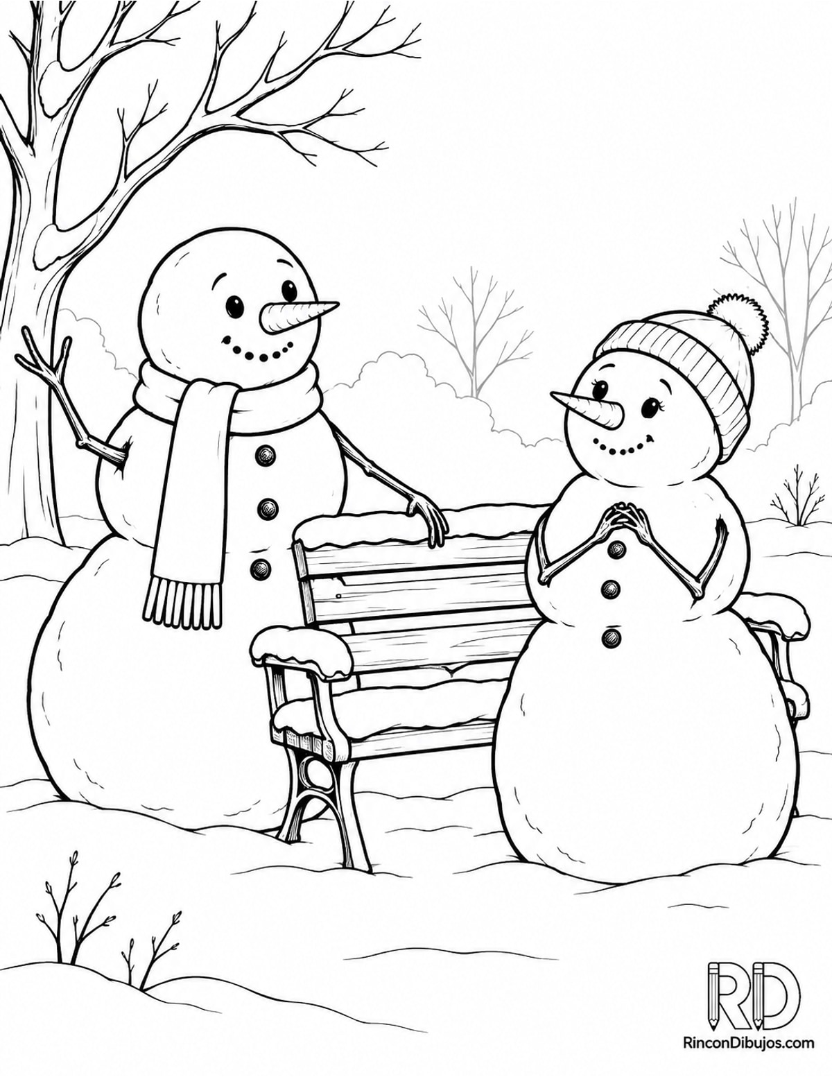 Dibujo de muñecos de nieve junto banco para colorear Dibujo de muñecos de nieve junto banco para colorear
