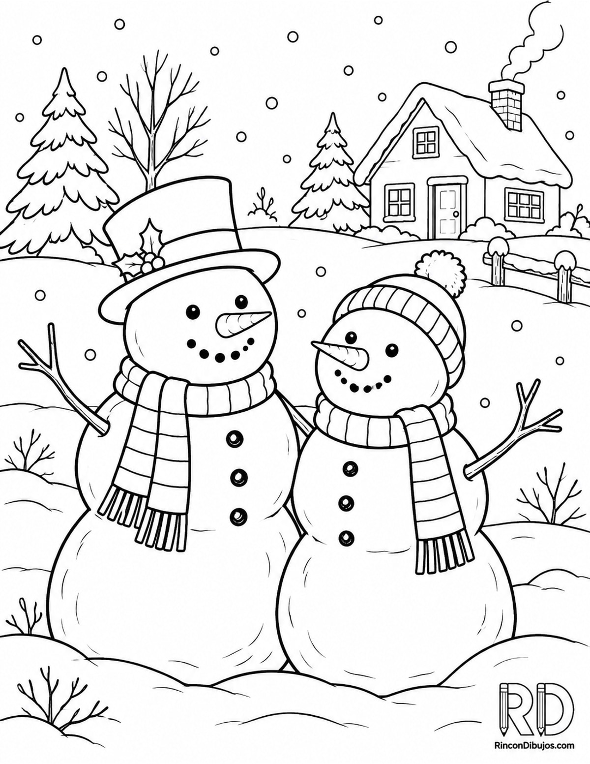 Dibujo de muñecos de nieve junto casa para colorear Dibujo de muñecos de nieve junto casa para colorear
