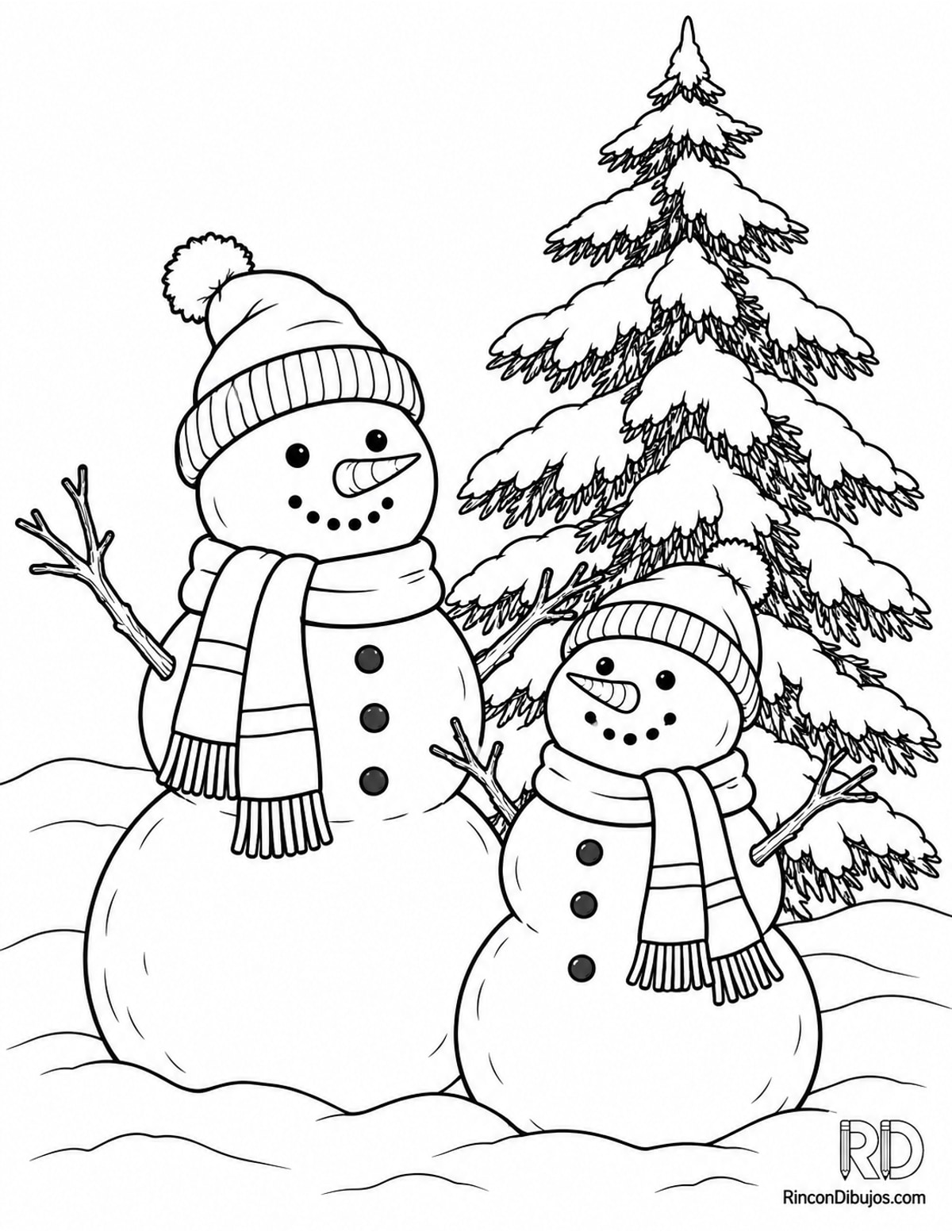 Dibujo de muñecos de nieve junto junto para colorear Dibujo de muñecos de nieve junto junto para colorear