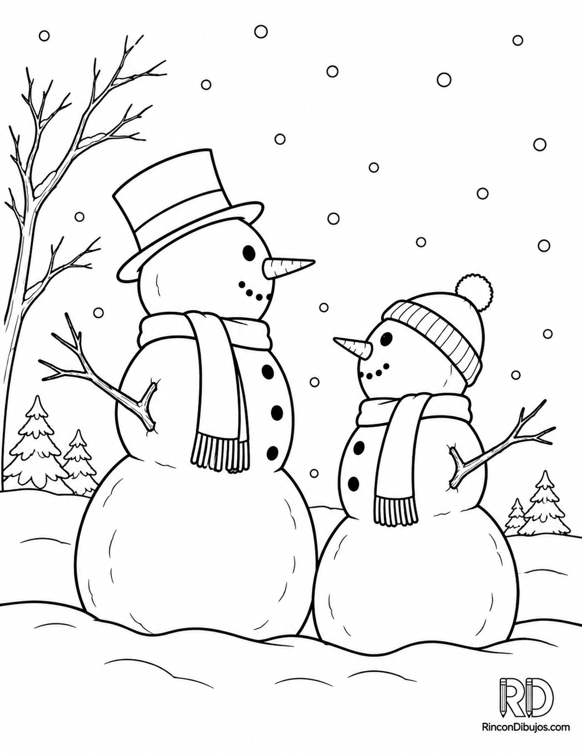 Dibujo de muñecos de nieve nevando para colorear Dibujo de muñecos de nieve nevando para colorear