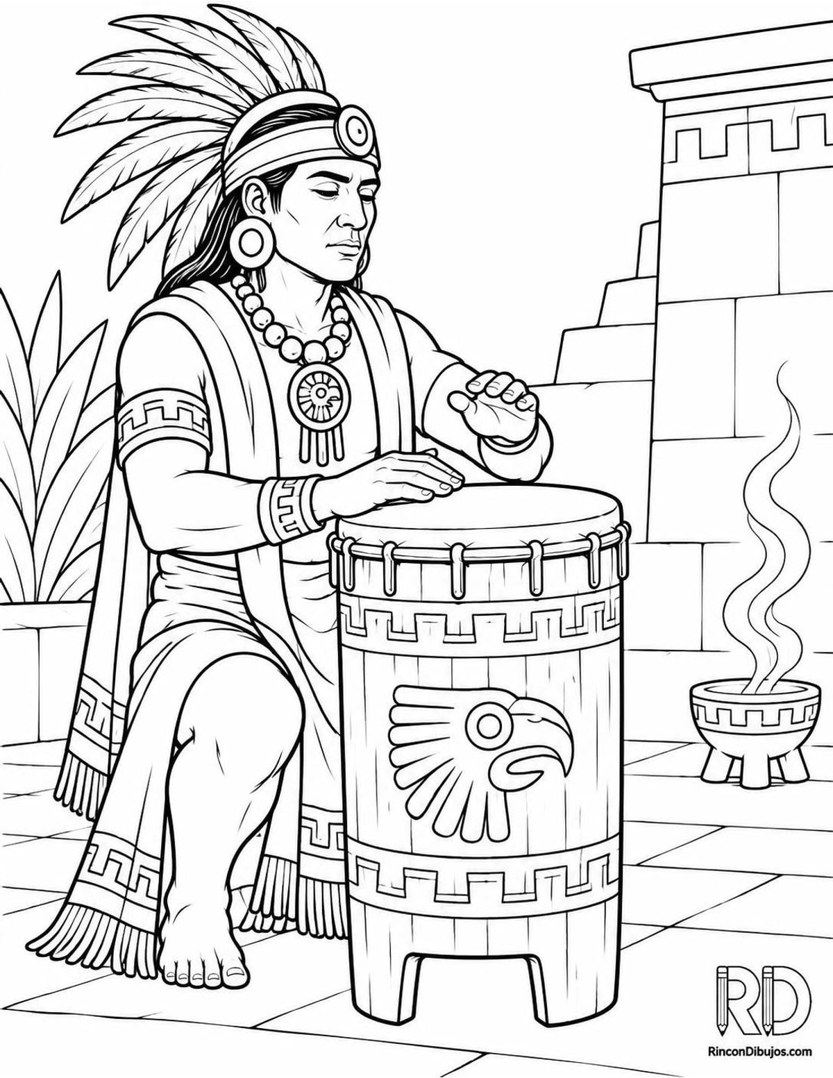 Dibujo de músico azteca con tambor para colorear Dibujo de músico azteca con tambor para colorear
