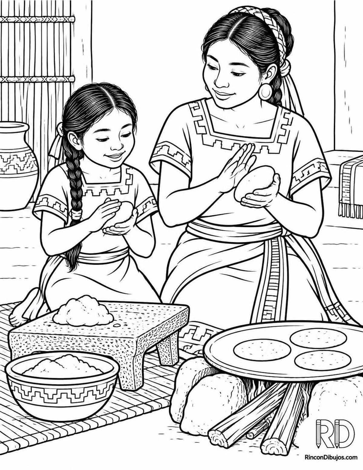Dibujo de niña azteca haciendo tortillas para colorear Dibujo de niña azteca haciendo tortillas para colorear