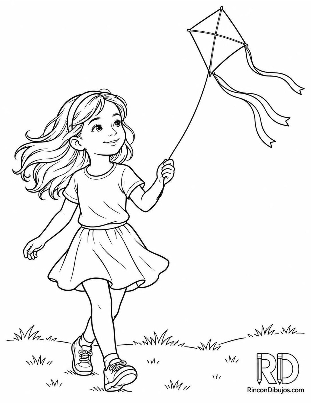 Dibujo de niña con cometa para colorear Dibujo de niña con cometa para colorear