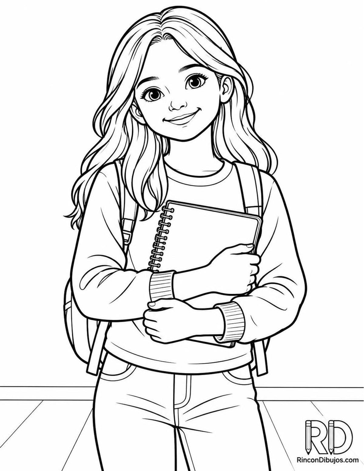 Dibujo de niña con cuaderno para colorear Dibujo de niña con cuaderno para colorear