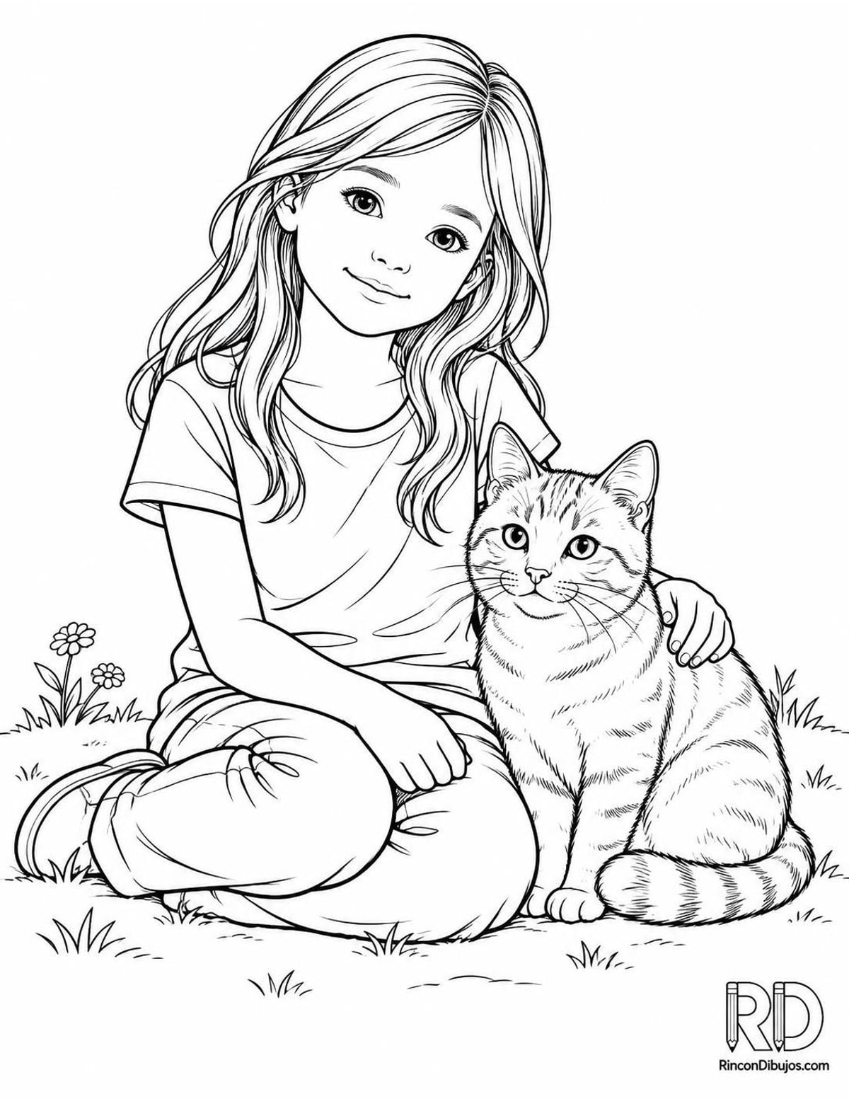 Dibujo de niña con gato para colorear Dibujo de niña con gato para colorear