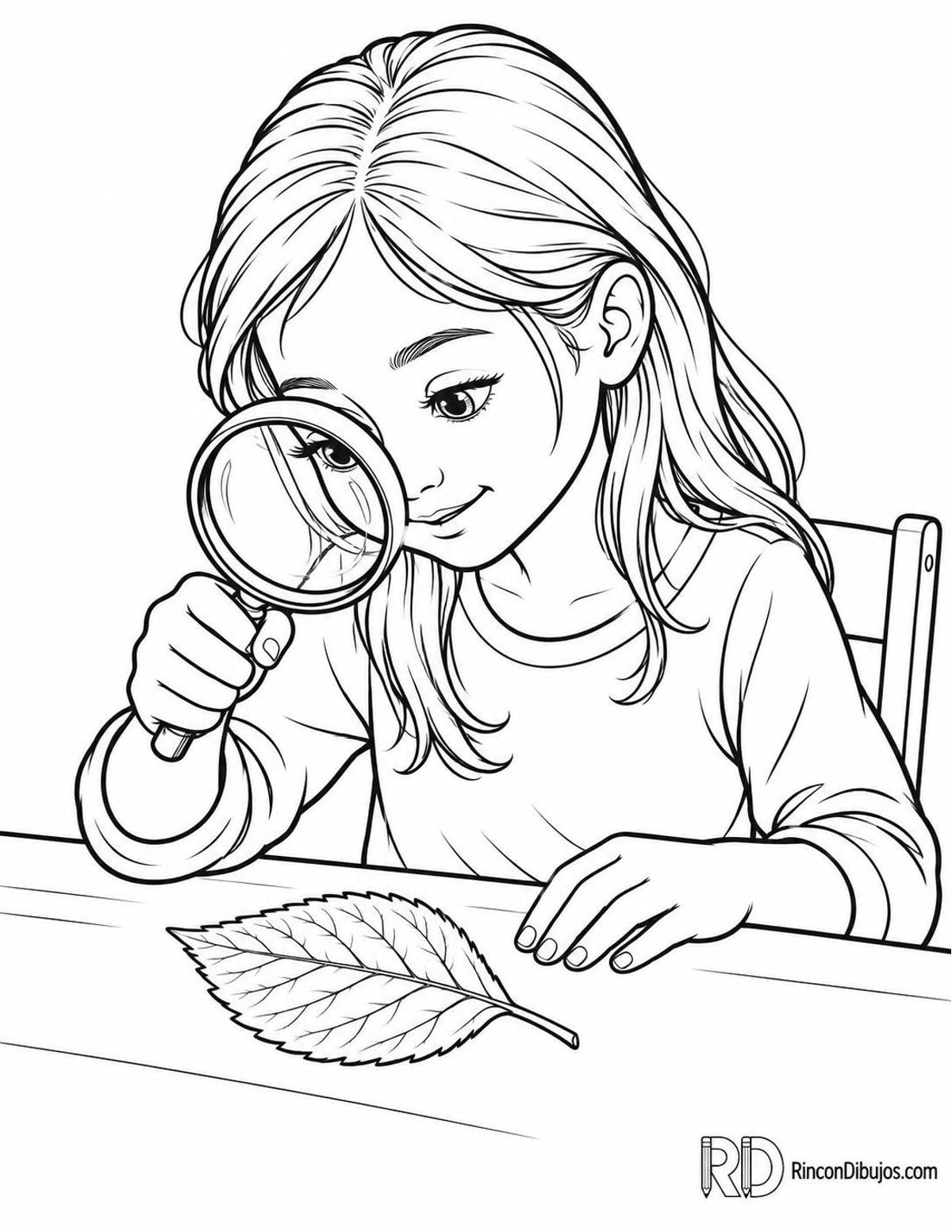 Dibujo de niña con lupa para colorear Dibujo de niña con lupa para colorear