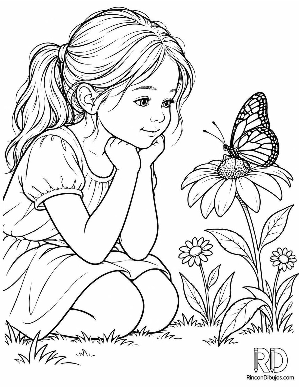Dibujo de niña con mariposa para colorear Dibujo de niña con mariposa para colorear