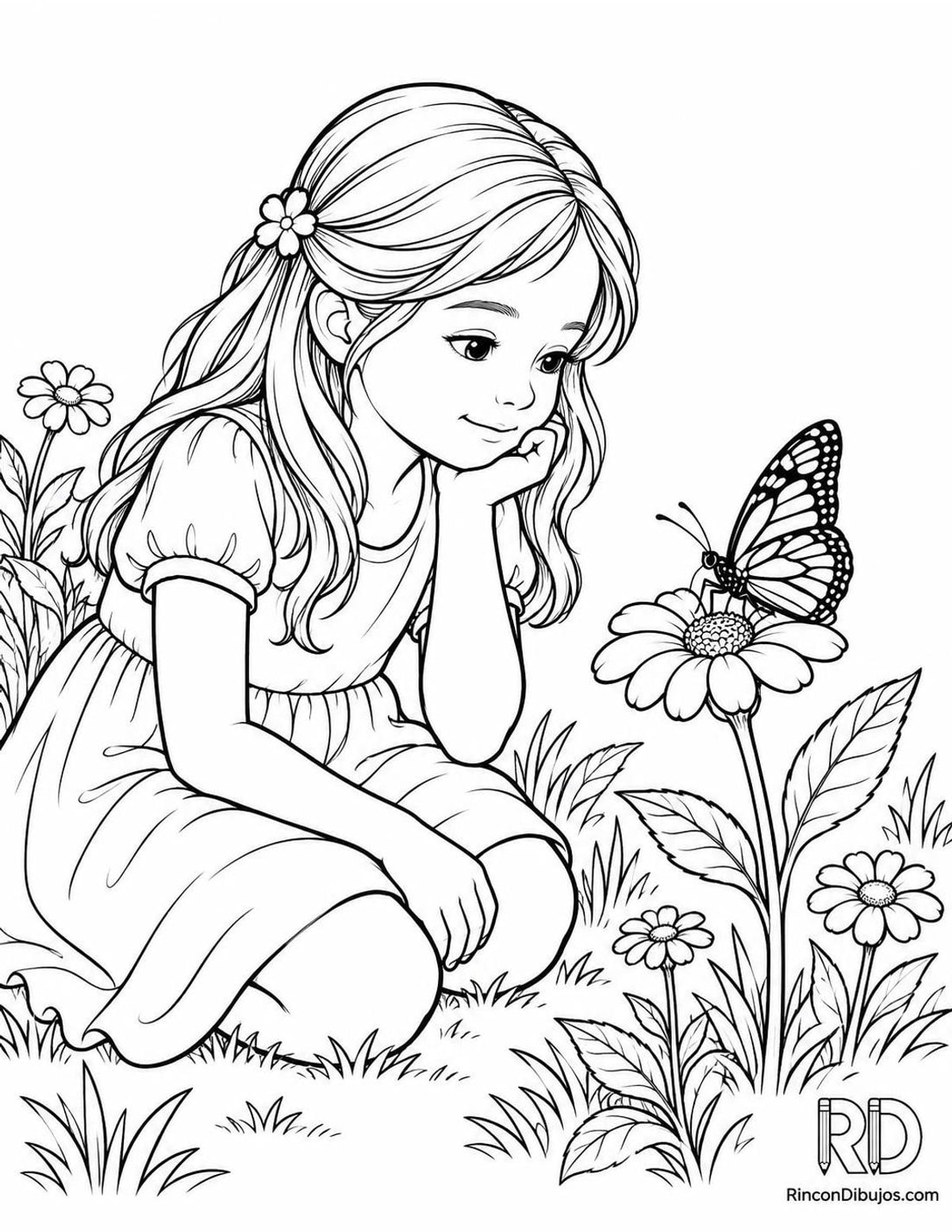 Dibujo de niña con mariposa para colorear Dibujo de niña con mariposa para colorear