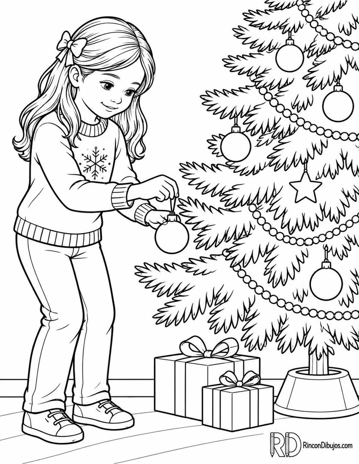 Dibujo de niña decorando árbol para colorear Dibujo de niña decorando árbol para colorear