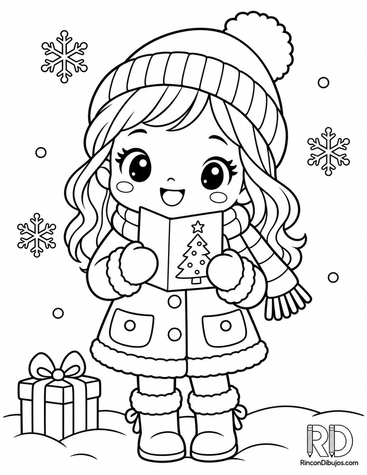 Dibujo de niña invierno kawaii para colorear Dibujo de niña invierno kawaii para colorear