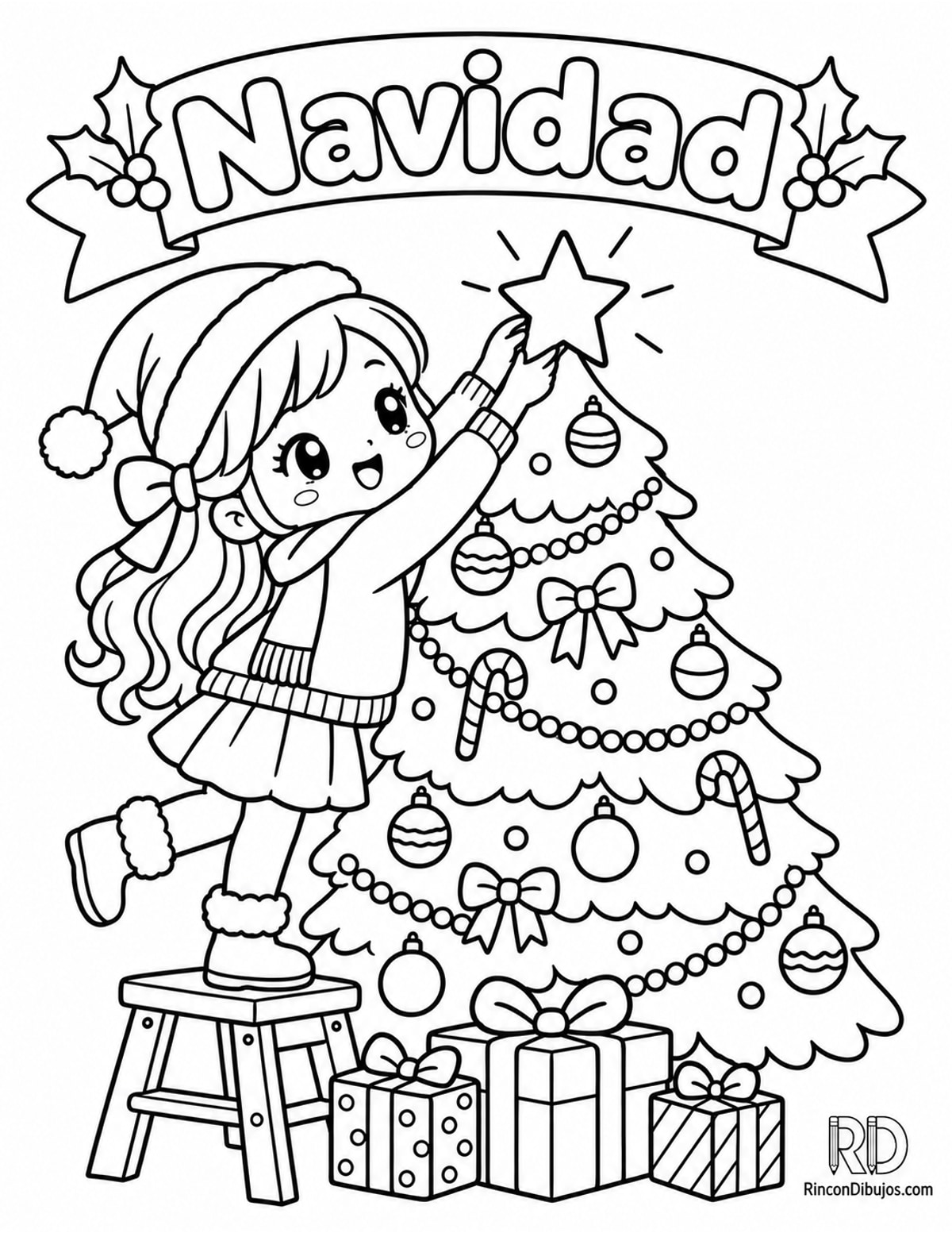 Dibujo de niña Navidad kawaii para colorear Dibujo de niña Navidad kawaii para colorear