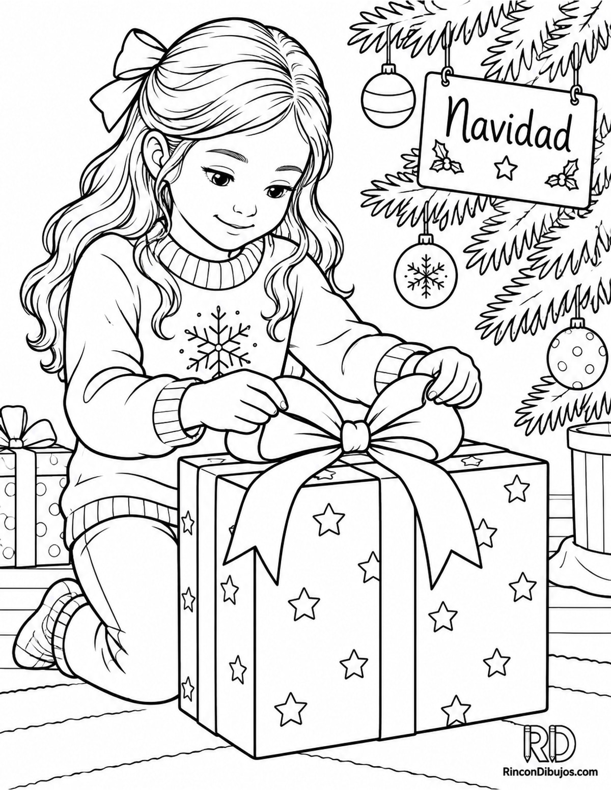 Dibujo de niña Navidad regalos para colorear