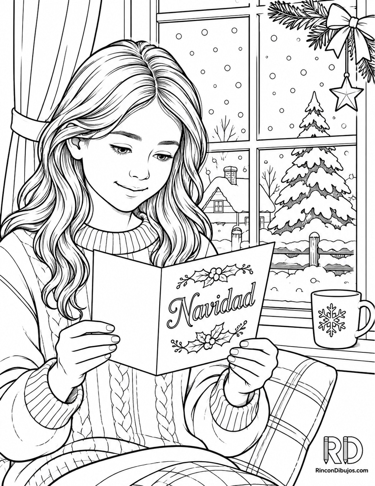 Dibujo de niña Navidad tarjeta para colorear Dibujo de niña Navidad tarjeta para colorear