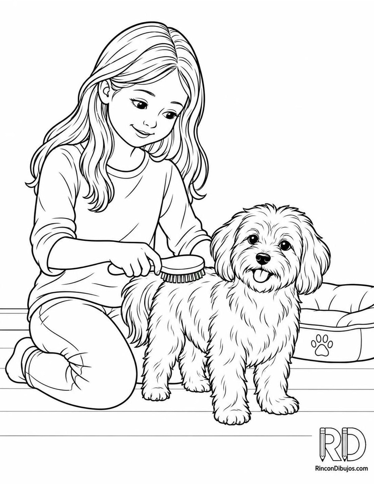 Dibujo de niña peinando perro para colorear Dibujo de niña peinando perro para colorear