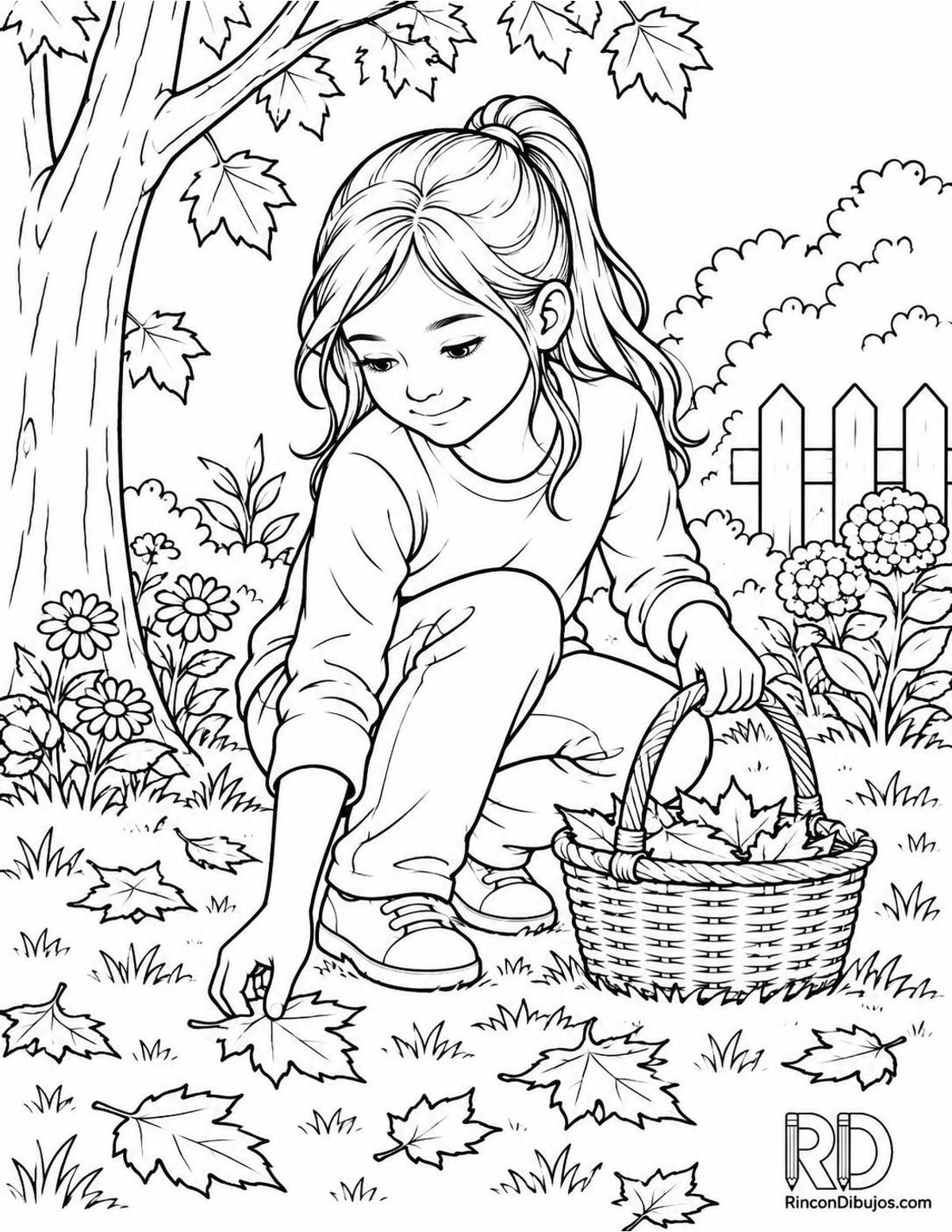 Dibujo de niña recogiendo hojas para colorear Dibujo de niña recogiendo hojas para colorear