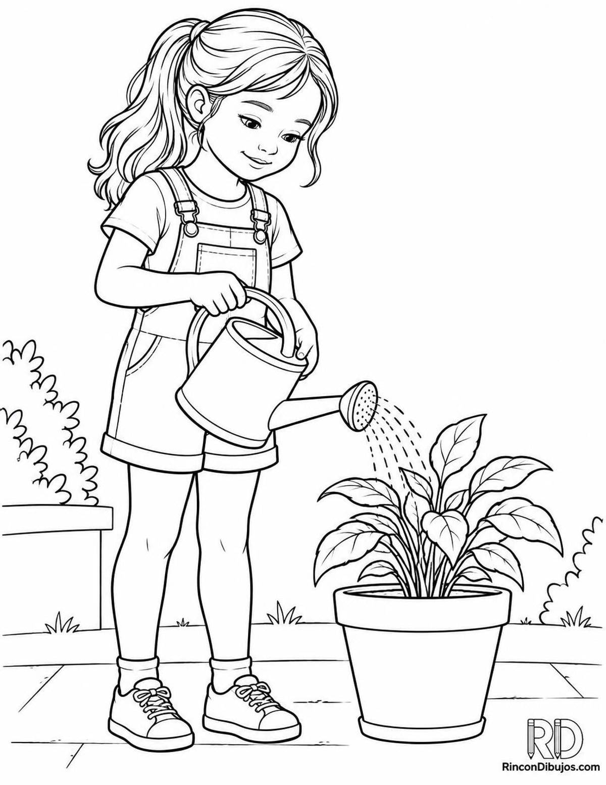 Dibujo de niña regando planta para colorear Dibujo de niña regando planta para colorear
