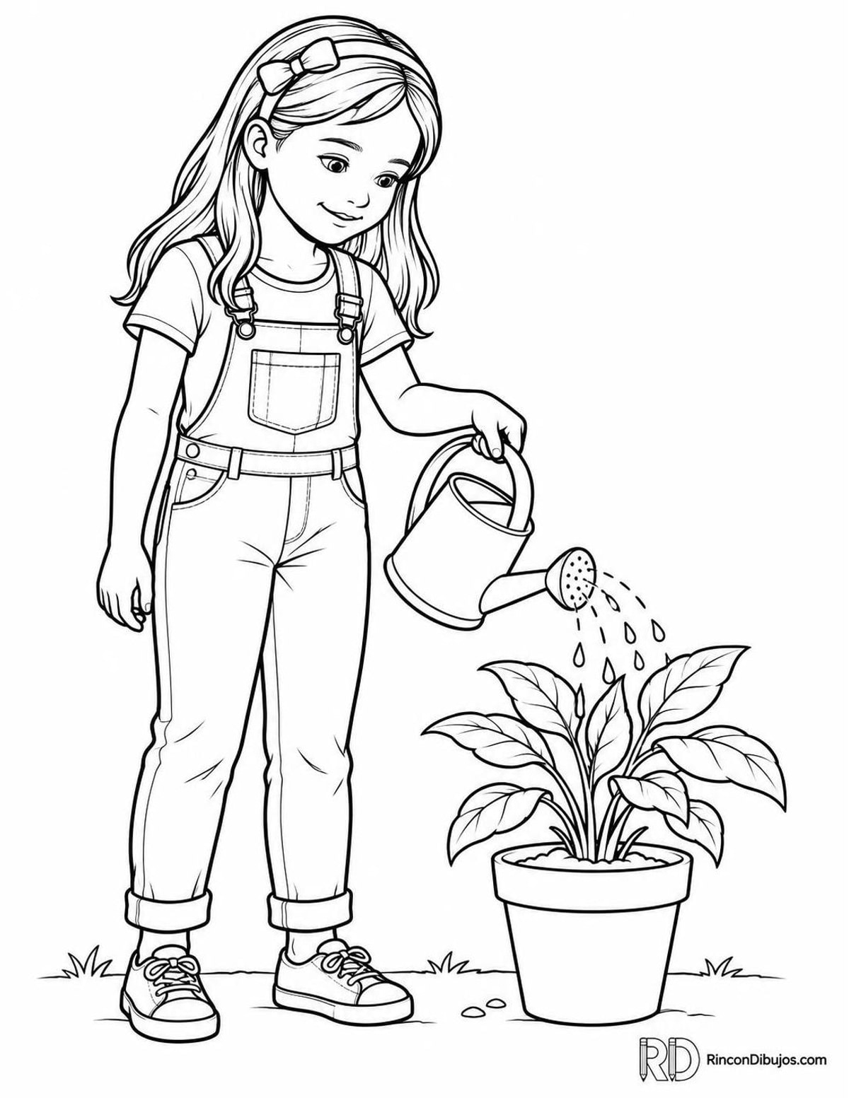 Dibujo de niña regando planta para colorear Dibujo de niña regando planta para colorear