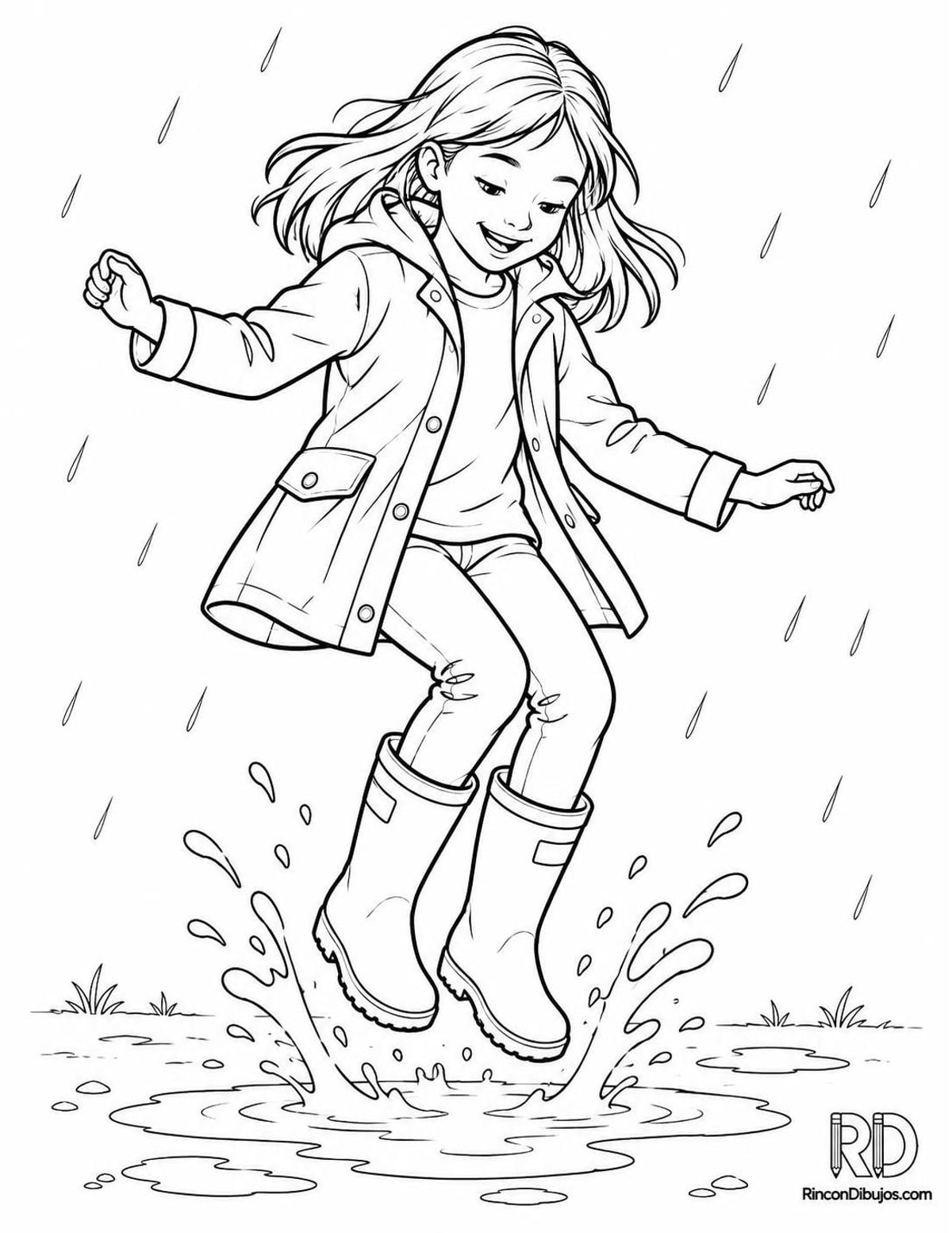Dibujo de niña saltando charco para colorear Dibujo de niña saltando charco para colorear