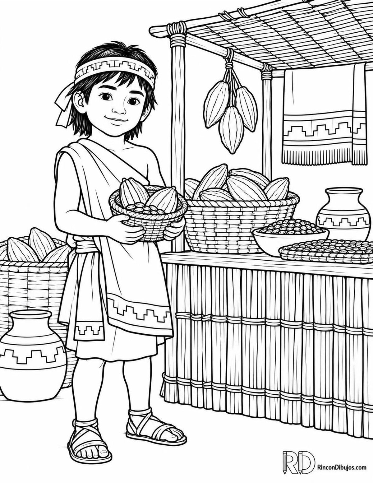 Dibujo de niño azteca con cacao para colorear Dibujo de niño azteca con cacao para colorear